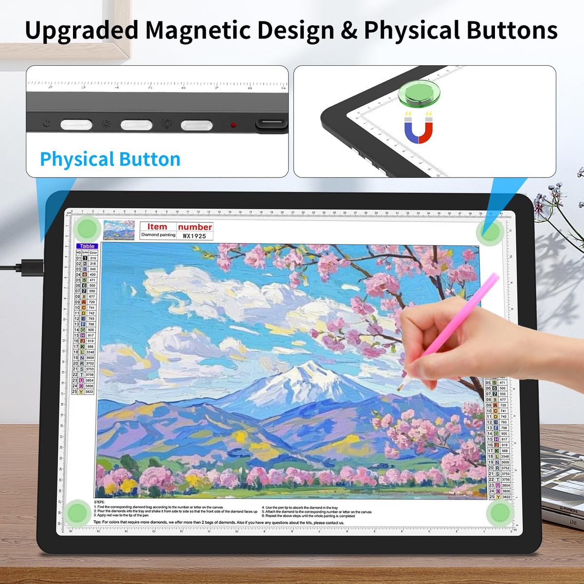 TOHETO A3 Light Board with Bag for Diamond Painting, Super Bright Magnetic Light Pad with Side Buttons, Lightbox for Tracing and Drawing, Corded Light Table for Sketching, Weeding Vinyl (Black)