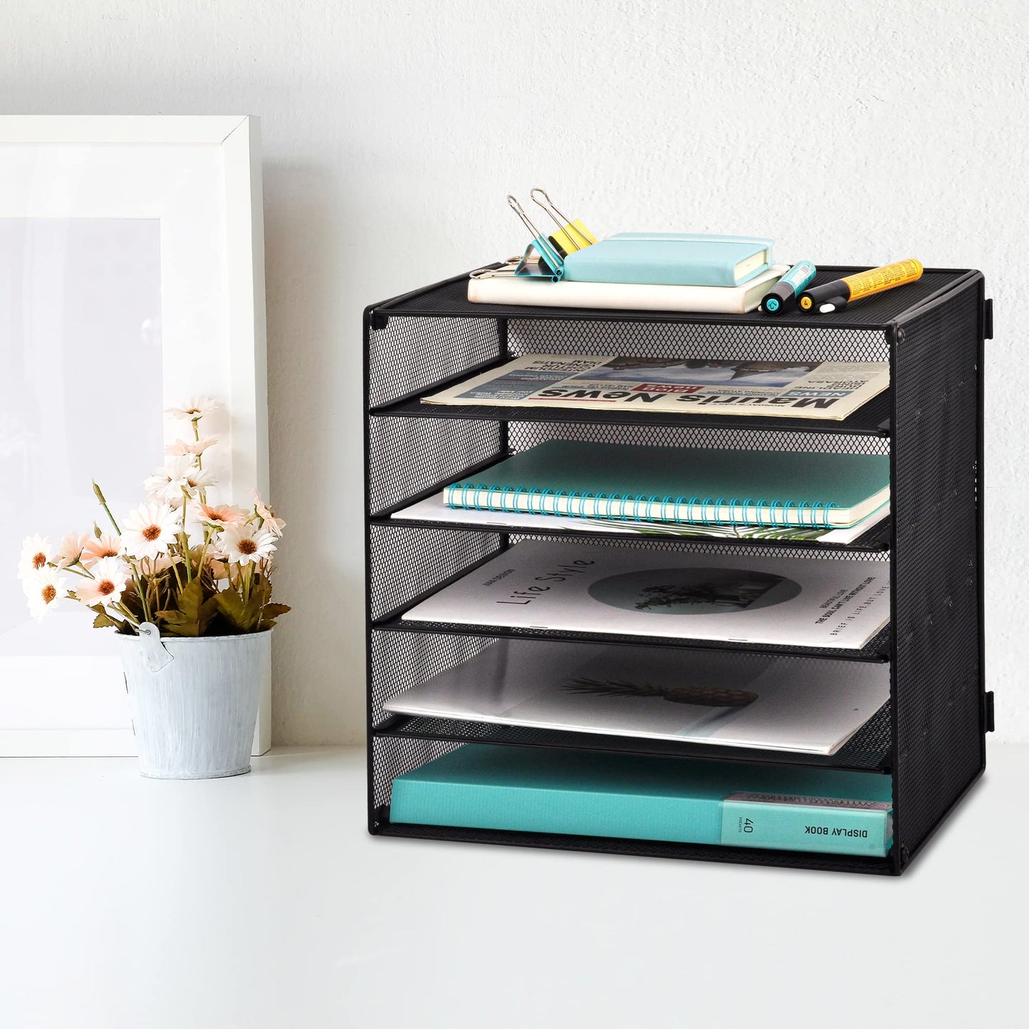 EASEPRES 6 Slot Wire Desk File Organizer Tray, Mesh Filling Paper Letter Tray Metal Desktop Paper Sorter Literature Organizer Rack for Home Office School, Black