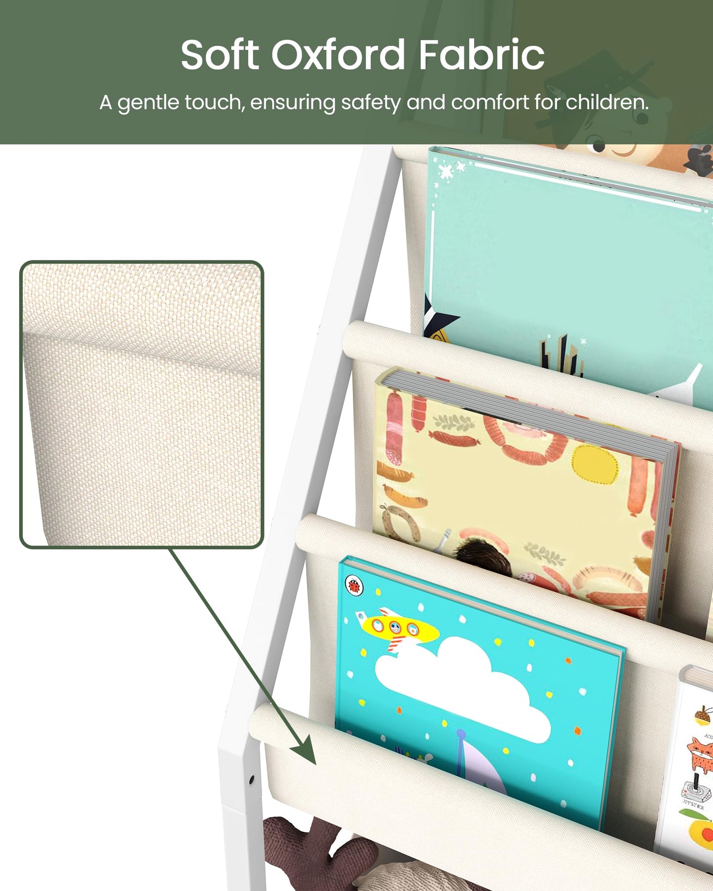 CHOEZON Kids Bookshelf with 4-Tier Oxford Slings, Kids Book Rack with Toy Storage, Magazine Book Rack, Large Capacity Book Organizer for 3-8 Years Olds, for Kids Room, Nursery, Playroom, Beige TCW09WM