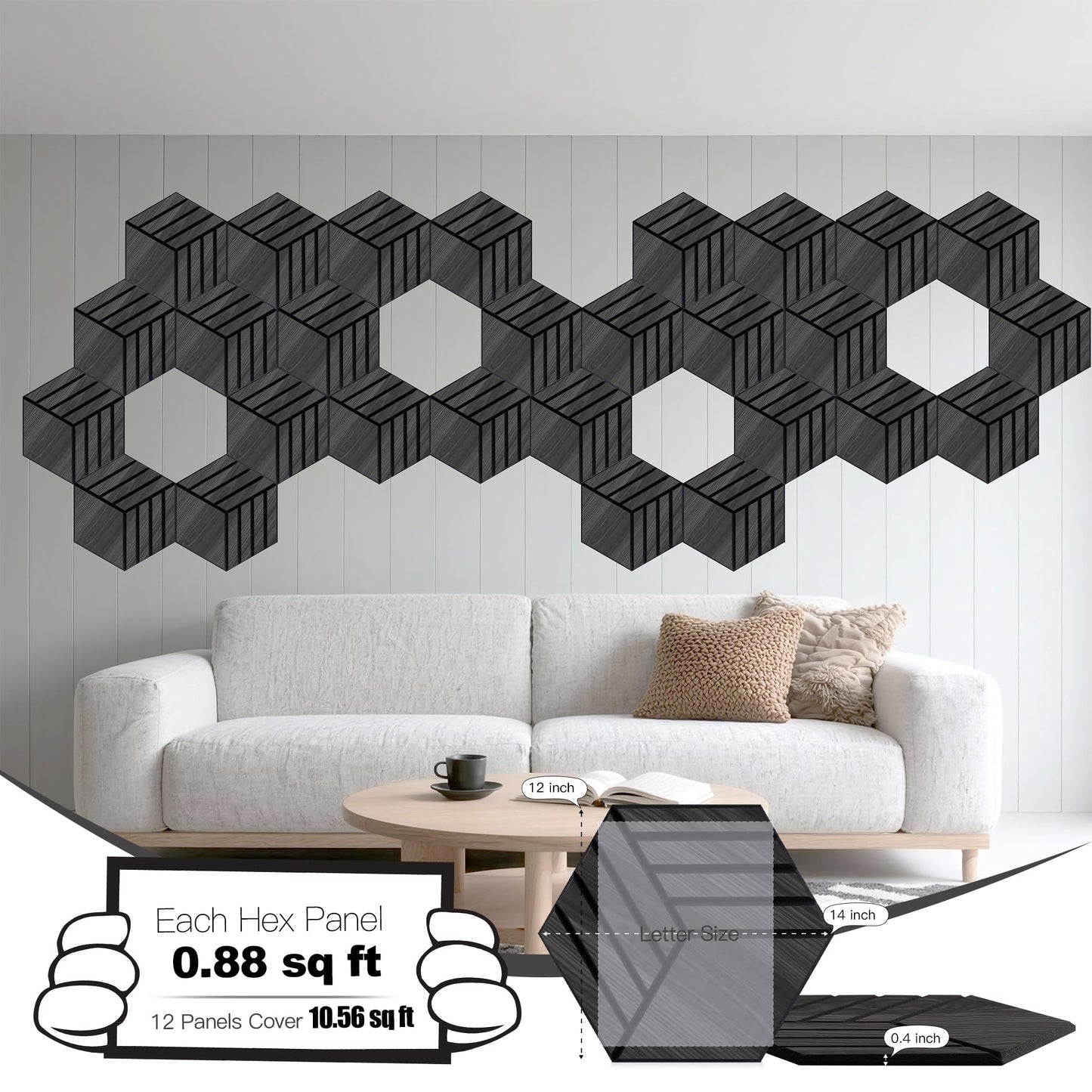 Mollywell Hexagon Acoustic Panels, Black Oak TW4, 14x12x0.4 Inch, 12 Pack |Wood Veneer|High Density Sound Proofing Wall Panels|Self Adhesive Sound Dampening Felt Wall Tiles|Home Theater|Gaming Room|