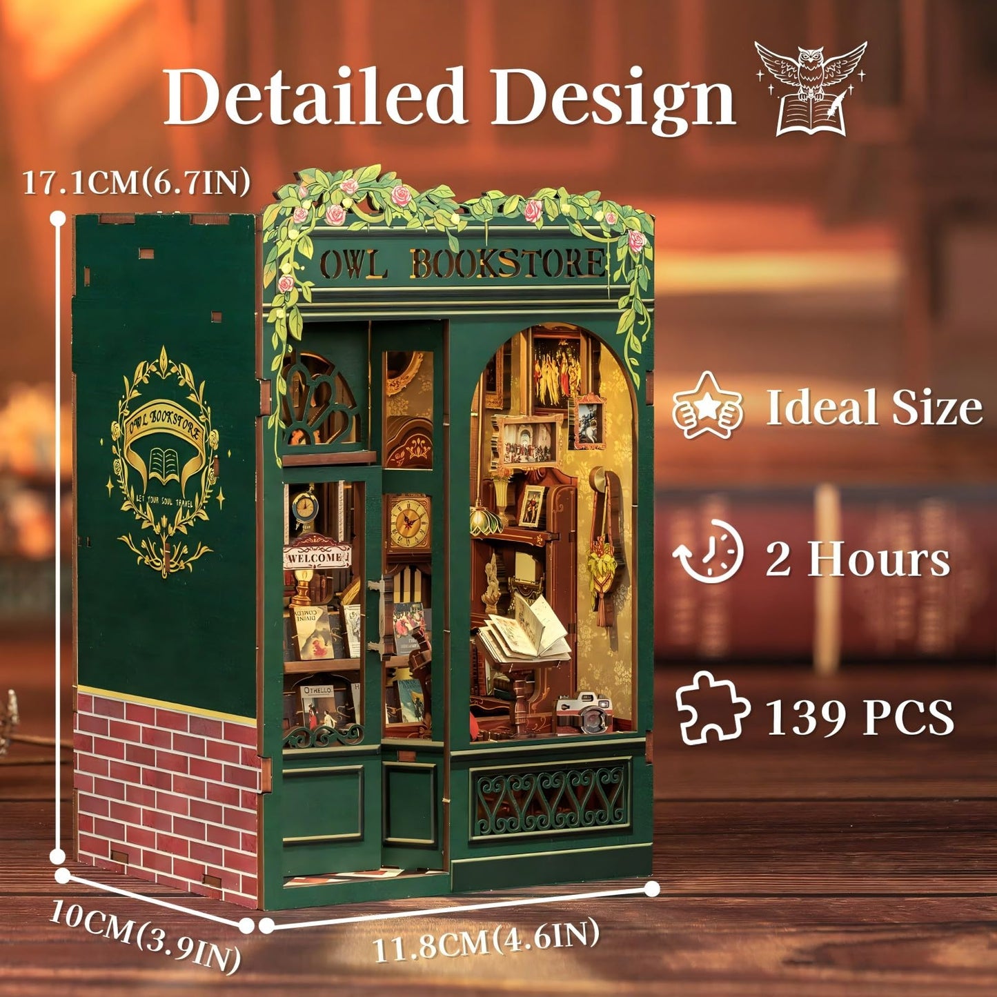 Fsolis Book Nook Kit, DIY Miniature House Kit for Adults Tiny House Mini Bookshelf Diorama Building Kit 3D Wooden Puzzle for Adults Bookish Gifts for Women Book Lovers Readers (OWL Bookstore)