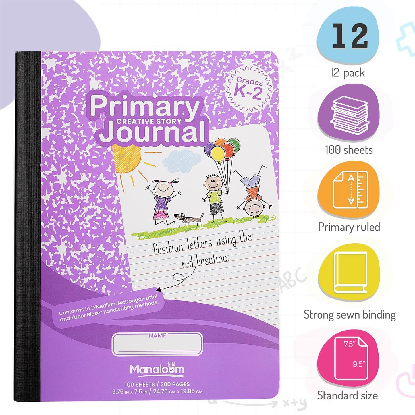 Primary Composition Notebook K-2, Primary Journal Grades K 2, Preschool, 1st Grade, Kindergarten Notebooks, Primary Ruled - 9.75″ x 7.50″ - Sturrdy Covers - 100 Sheets - Assorted Colors - (12 Pack)