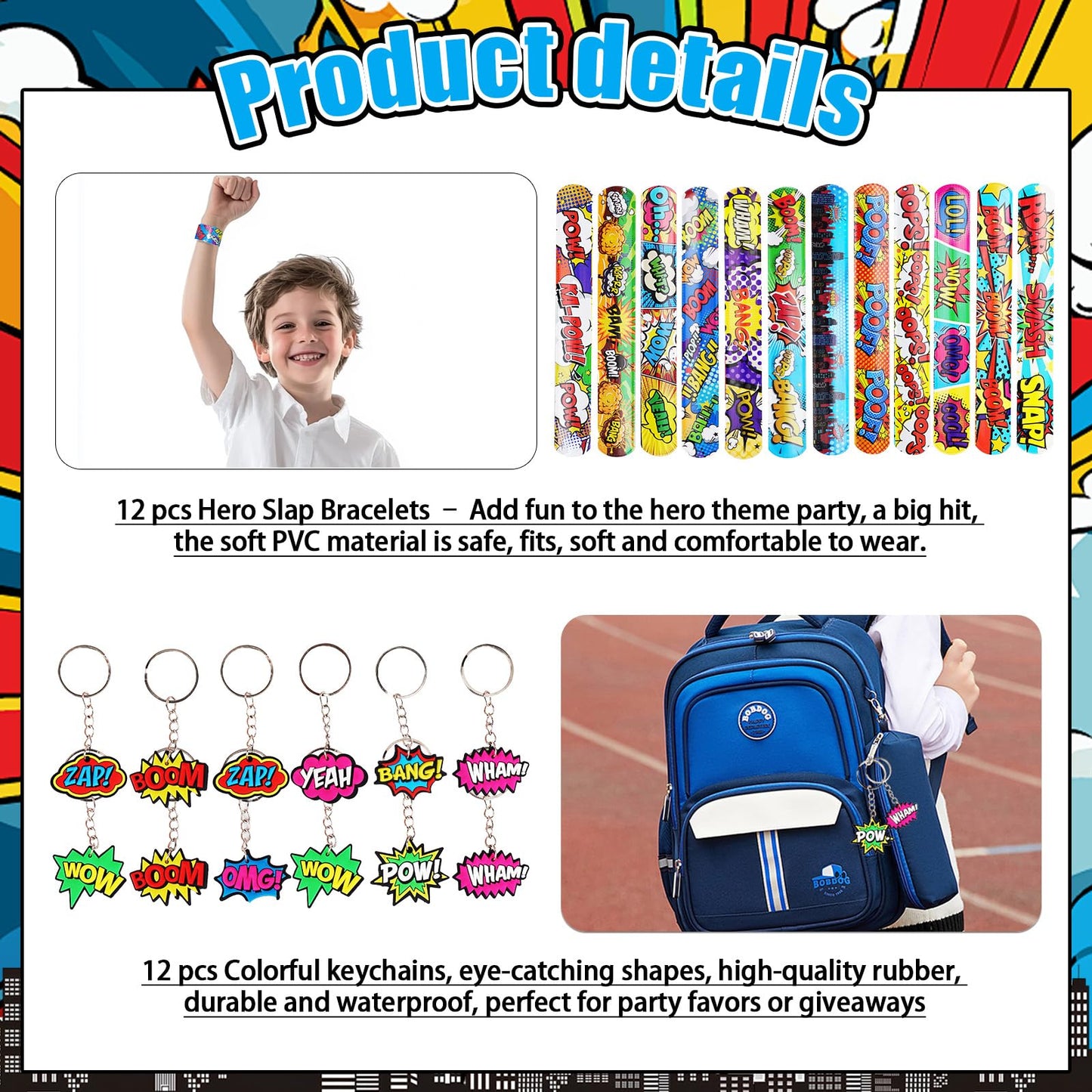 158Pcs Hero Party Favors - 12 Guests Set, with Goodie Bag Mask Straw Slap Bracelets Keychain Party Blowers Stickers Sticky hands for Birthday Decorations & Pinata Fillers