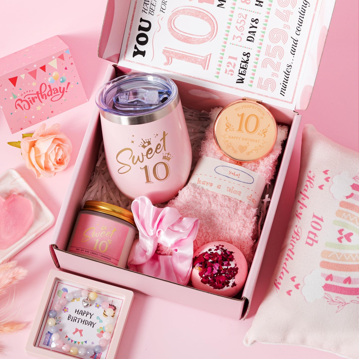 10th Birthday Gifts for Girls,Happy 10th Birthday Gift Ideas Set for Her,Cute Unique Turning to 10 Year Old BD Bdy Basket Presents Box for Niece,Best Friend, Sister, Daughter,Bestie