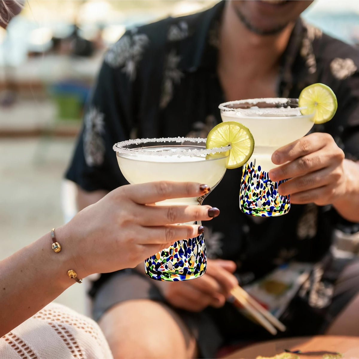SEICASAYA Hand Blown Mexican Design Stemless Confetti Margarita Glasses, 180 ml Colorful Cocktail Glassware, Artisan Crafted Barware (Blue/ 4 Pieces)