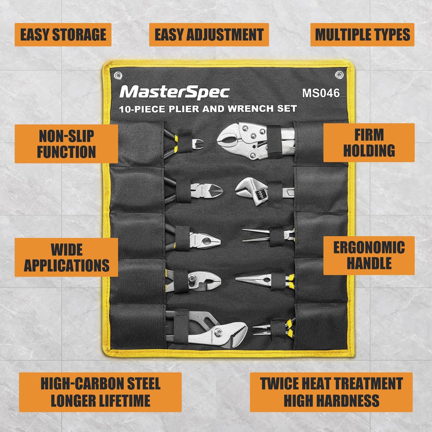 MasterSpec 10Pcs Hand Tool Set Pliers Set Multi-Grip Pliers Long Nose/Slip Joint/Diagonal/Combination/Jaw Locking/Water Pump Pliers/Adjustable Spanner for Home Industry