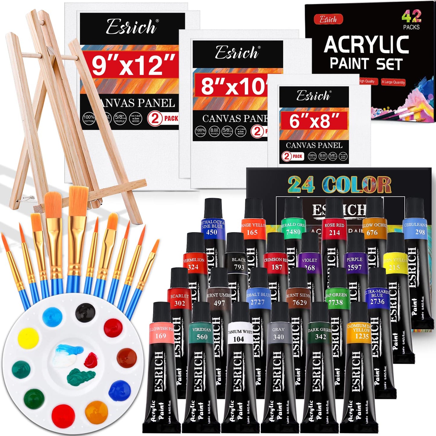 ESRICH Acrylic Paint Canvas Set,42 Piece Professional Premium Paint Kit with 1 Wood Easel,24Colors,10 Brushes,6 Canvases, Painting Supplies Kit for Artists and Beginner