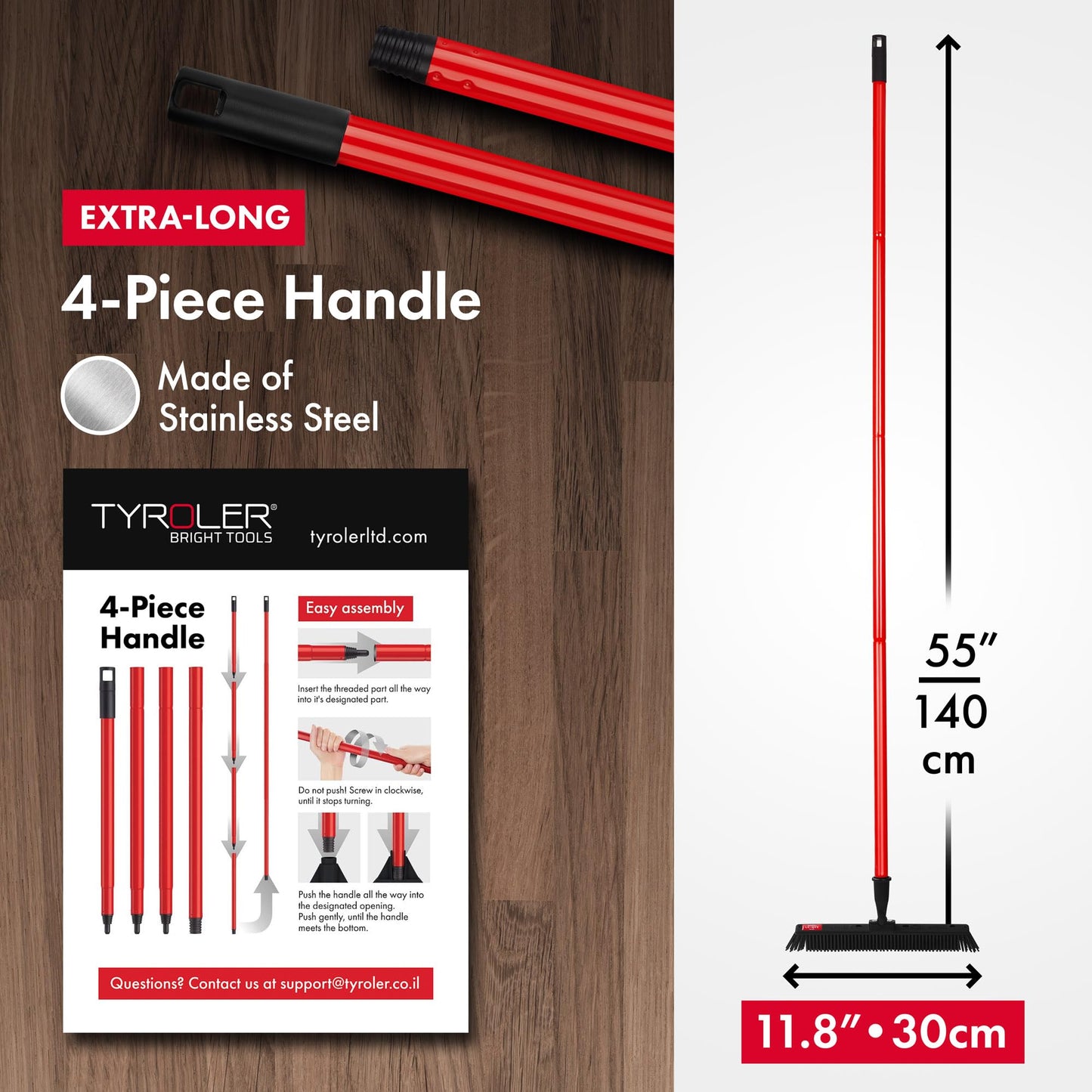 Tyroler Japanese Silicone Broom | 30cm Head | 140cm Aluminium Anti-Rust 4-Part Handle | Perfect Pet Hair Removal Broom for Patio, Hardwood Floors, Carpet Rake, Decks (Black - Rubber)
