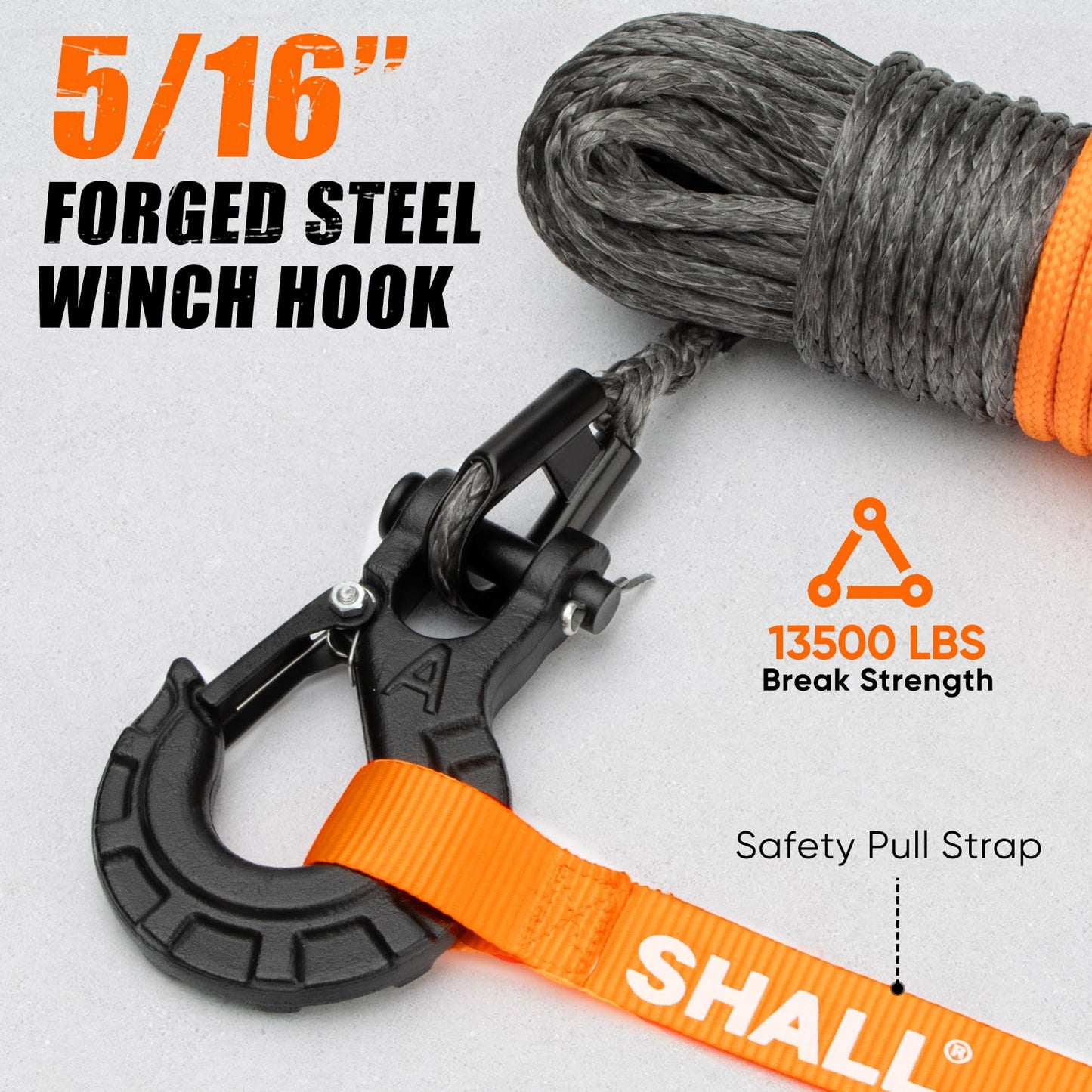 SHALL 1/4 Inch x 50 Feet Synthetic Winch Rope 10,000LBS Winch Line with Protective Sleeve & Forged Winch Hook & Safety Pull Strap for ATV UTV Offroad Vehicle