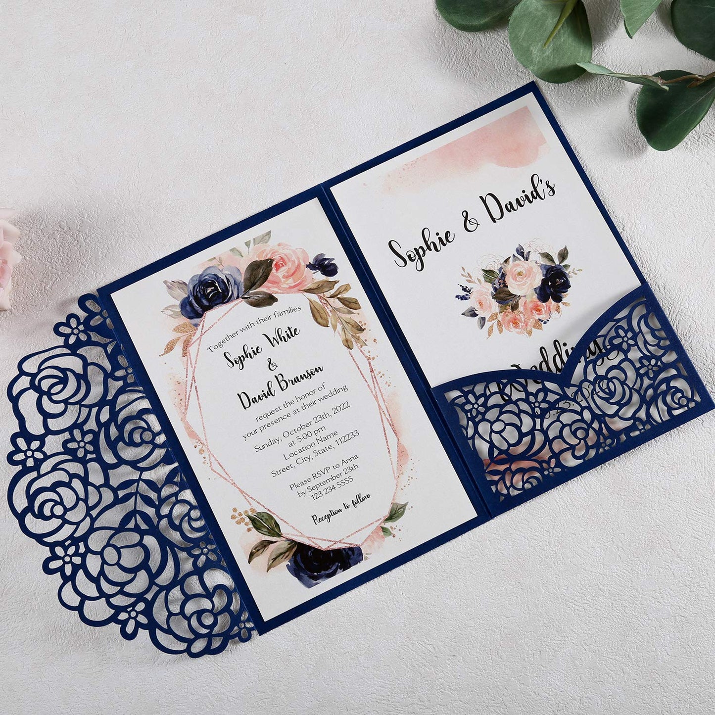 DreamBuilt 4.7 x7 inch 50PCS Blank Navy Blue Wedding Invitations Kit Laser Cut Hollow Rose Pocket Wedding Invitation Cards with Envelopes for Wedding Bridal Shower Engagement Invite