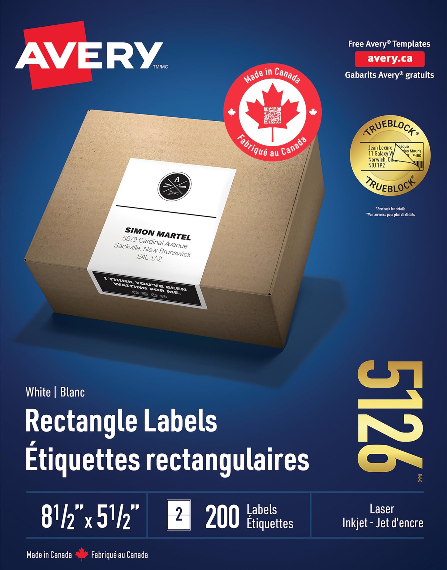 Avery TrueBlock, White Rectangle Labels for Inkjet/Laser Printers, 8½" x 5½", 200 Labels, Permanent (5126) Made in Canada