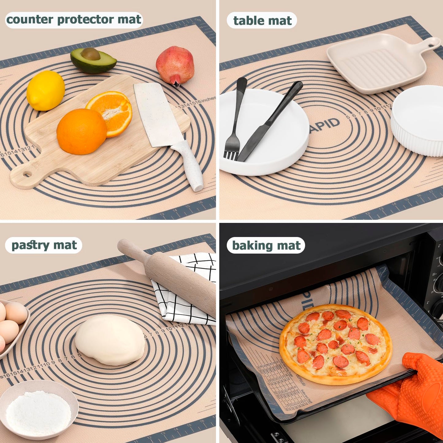 Sapid Extra Thick Silicone Pastry Mat Non-slip with Measurements for Non-stick Silicone Baking Mat Extra Large, Dough Rolling, Pie Crust, Kneading Mats, Countertop, Placement Mats (24inch x 36inch, Gray)