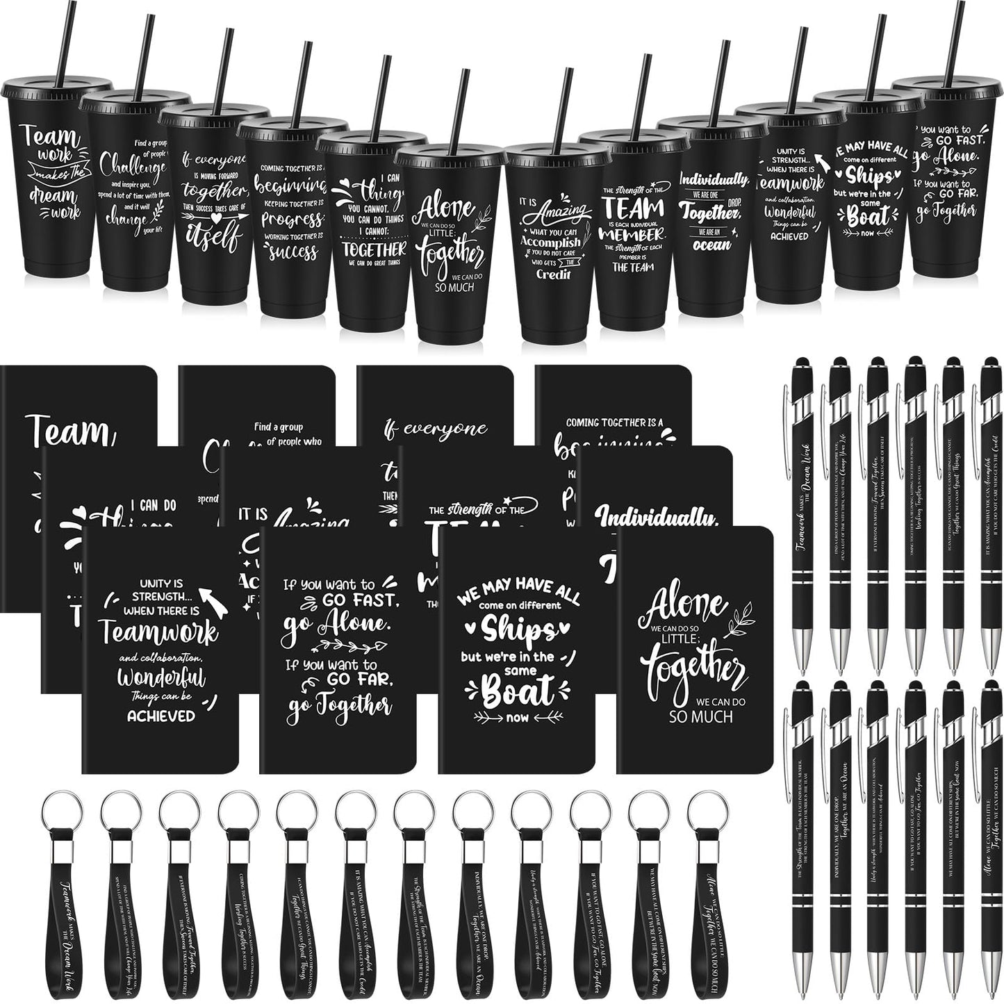 Hollowfly 48 Pcs Team Appreciation Gifts for Employee 24 oz Inspirational Plastic Cups Bulk with Lid and Straw Notebooks Ballpoint Pens Keychain Set Thanksgiving Christmas Gifts (Black)