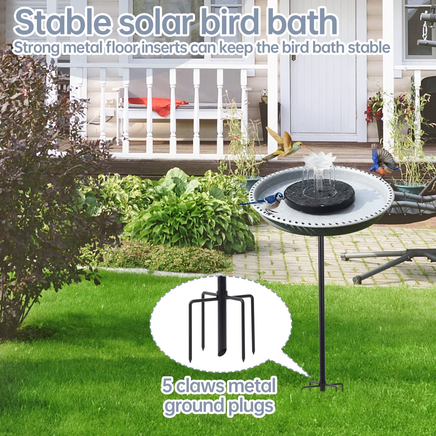 Feemiyo Solar Powered Bird Bath Fountains for Hummingbirds,Stable Stylish Design with 5-Prong Base Metal Stake Bird Baths Fountain for Lawn Patio Yard Garden (Grey)