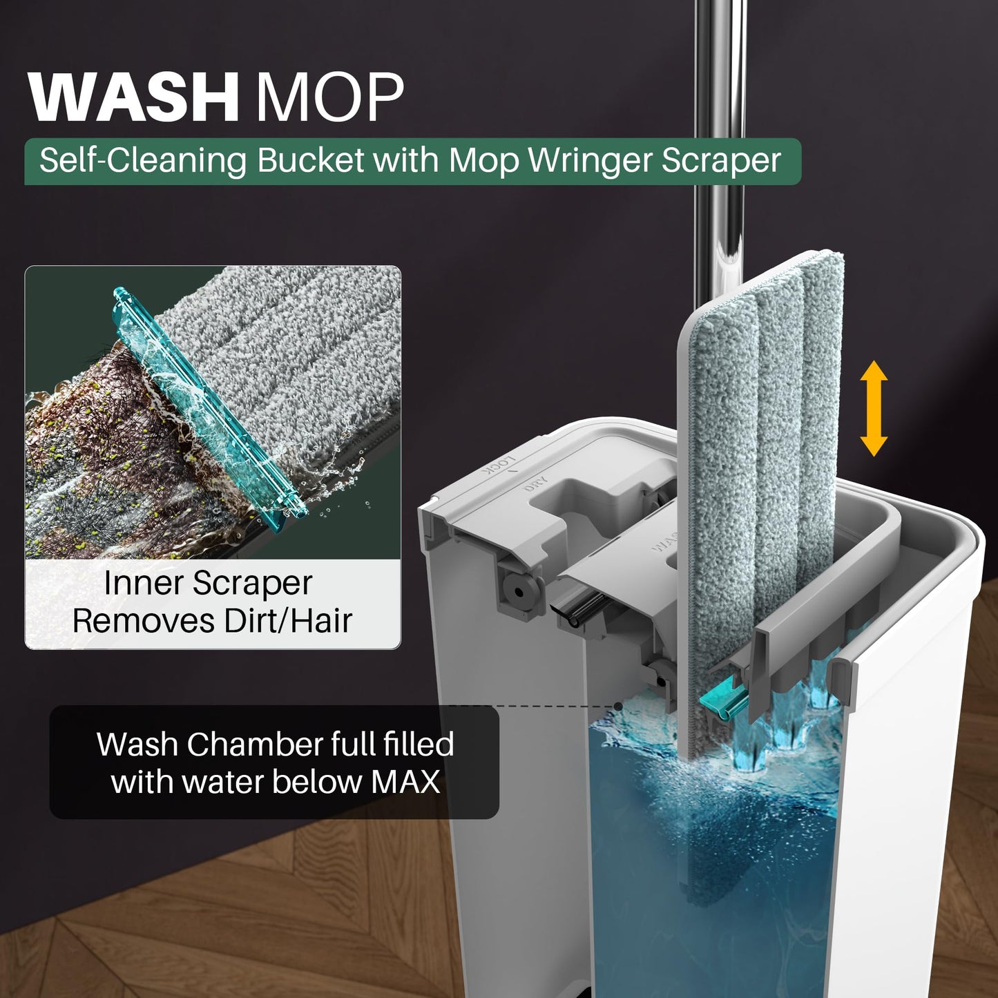 JOYMOOP Mop and Bucket with Wringer Set, White Flat Squeeze Mop Bucket Set for Floor Cleaning, Wet Dry Mop for Walls, Wall Cleaner with Long Handle, Hardwood Floor Mop - 5 Microfiber Cloths