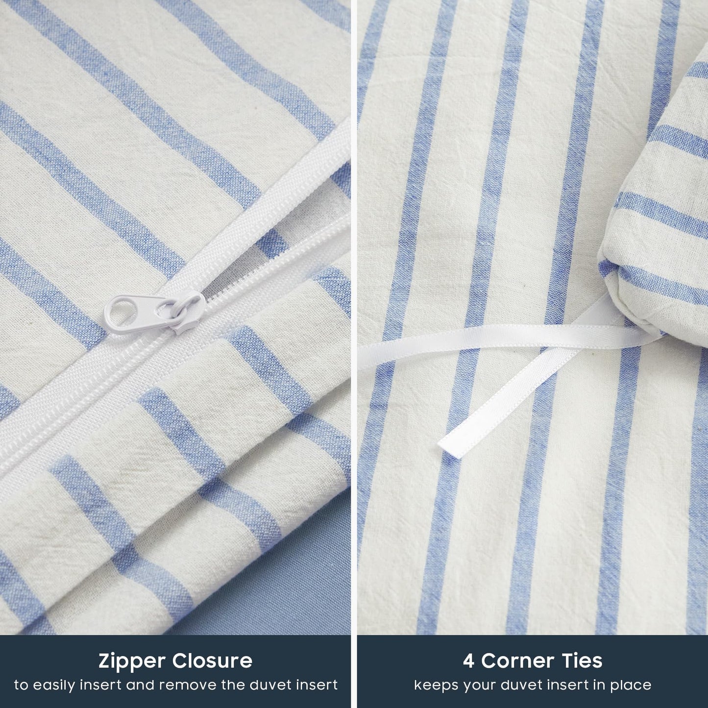 Wake In Cloud - Striped Cotton Duvet Cover Set, Ticking Stripe Vertical Pinstripe Farmhouse, 100% Washed Cotton Bed Bedding Set with Zipper Closure, 3 Pieces, Blue White, Queen Size