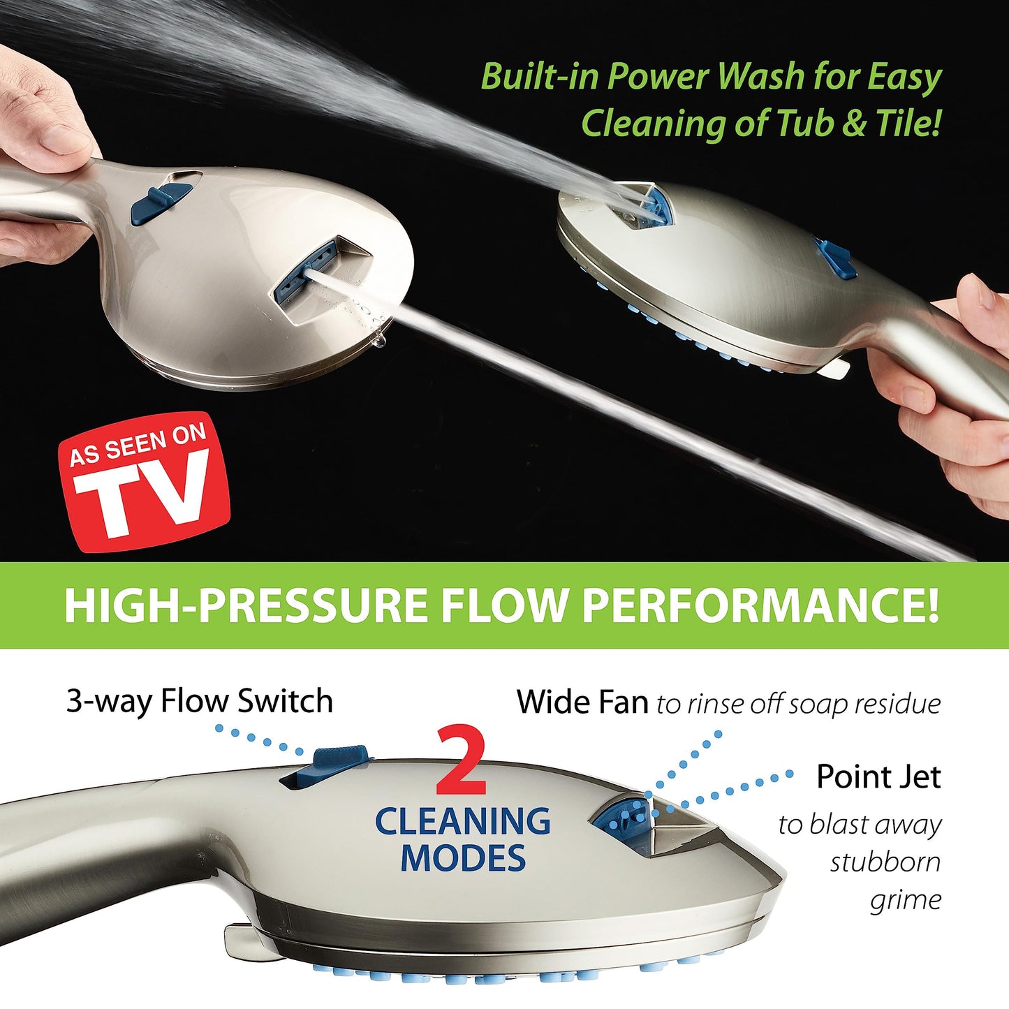 AquaCare As-Seen-On-TV High Pressure 48-setting Rain & Handheld 3-way Shower Head Combo - Anti-clog Nozzles/Tub, Tile & Pet Power Wash/Extra Long 6 ft. Stainless Steel Hose/Satin Nickel Finish