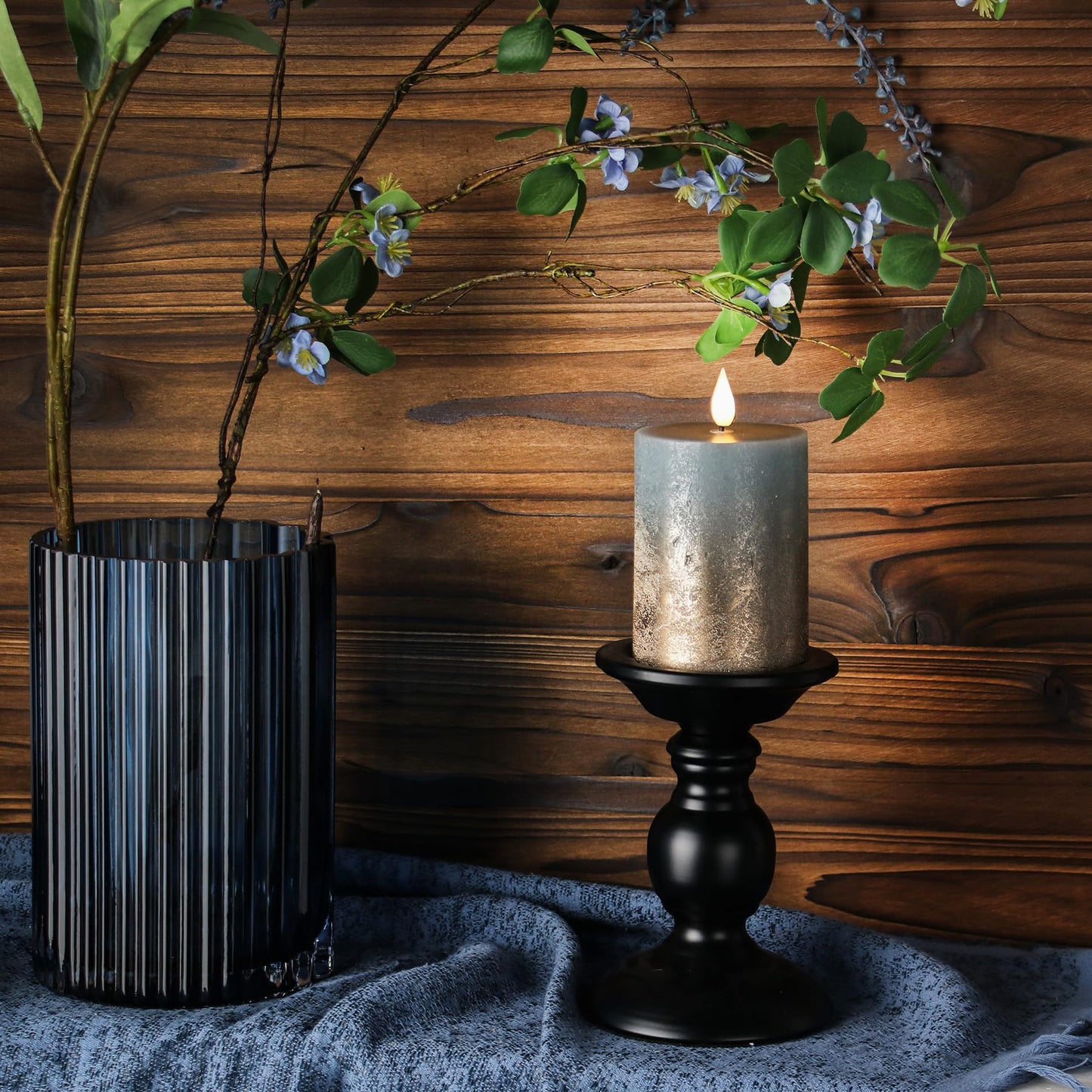 Fanna Flameless LED Pillar Candles with Timer for Wreath, Battery Operated Rustic Wax Candles with Remote for Christmas, 8 Batteries Included - Set of 4 (D 7.5cm x H 10cm) - Misty Blue/Copper