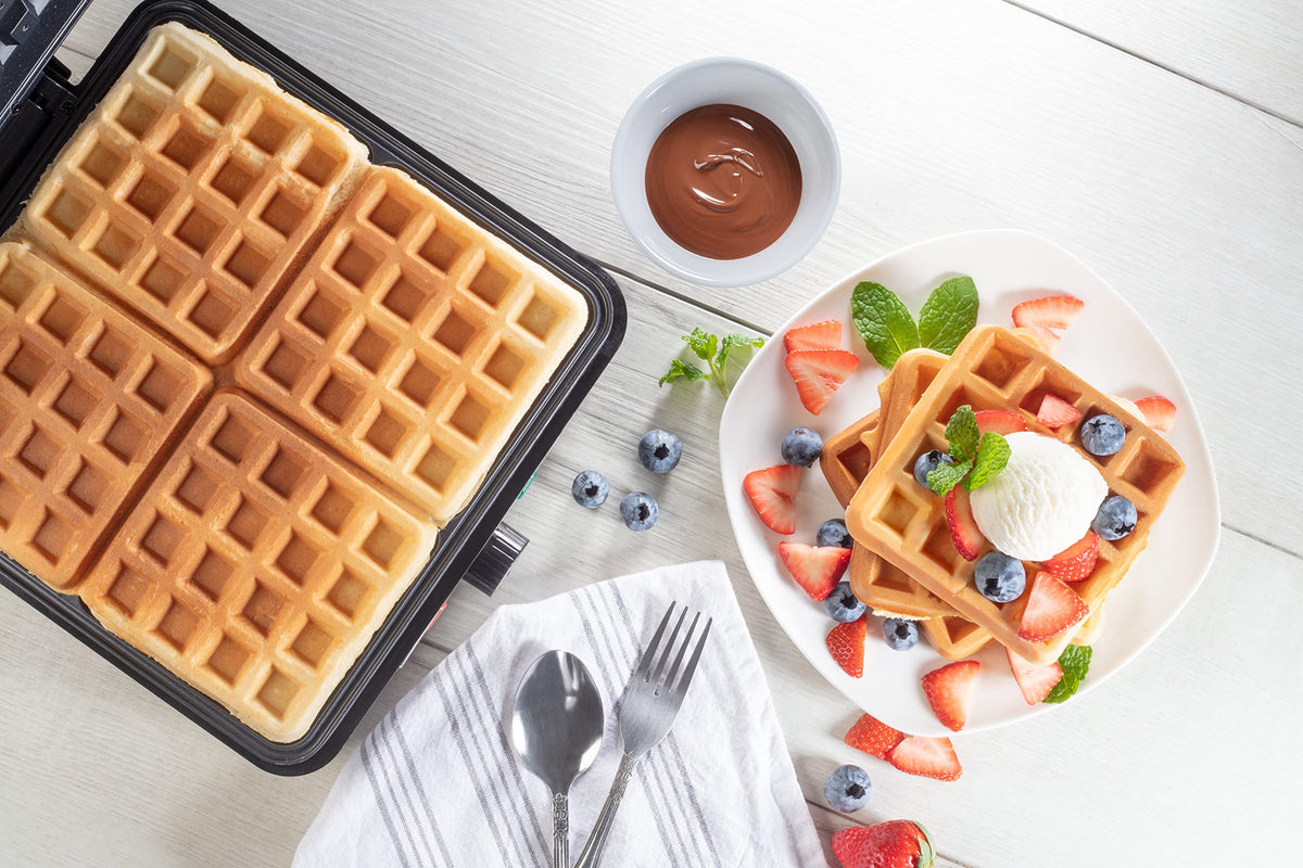CucinaPro Four Square Belgian Waffle Maker, Extra Large Stainless Steel Kitchen Appliance w Nonstick Waffler Iron Plates Makes 4 Fluffy Waffles, Great Griddle for Family Breakfast or Housewarming Gift