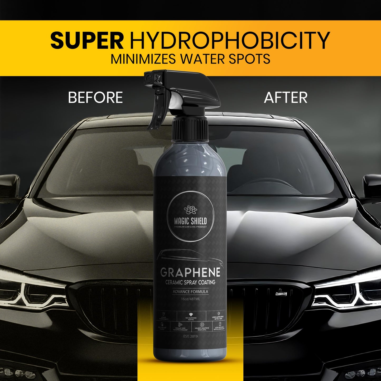Magic Shield Graphene Ceramic Spray Coating - LAST SO LONG! Quick & Easy for Cars, Motorcycles, Boats & More - Professional-Grade Sealant for Maximum Gloss & Shine - Waterless Wash & Wax - 16oz Bottle