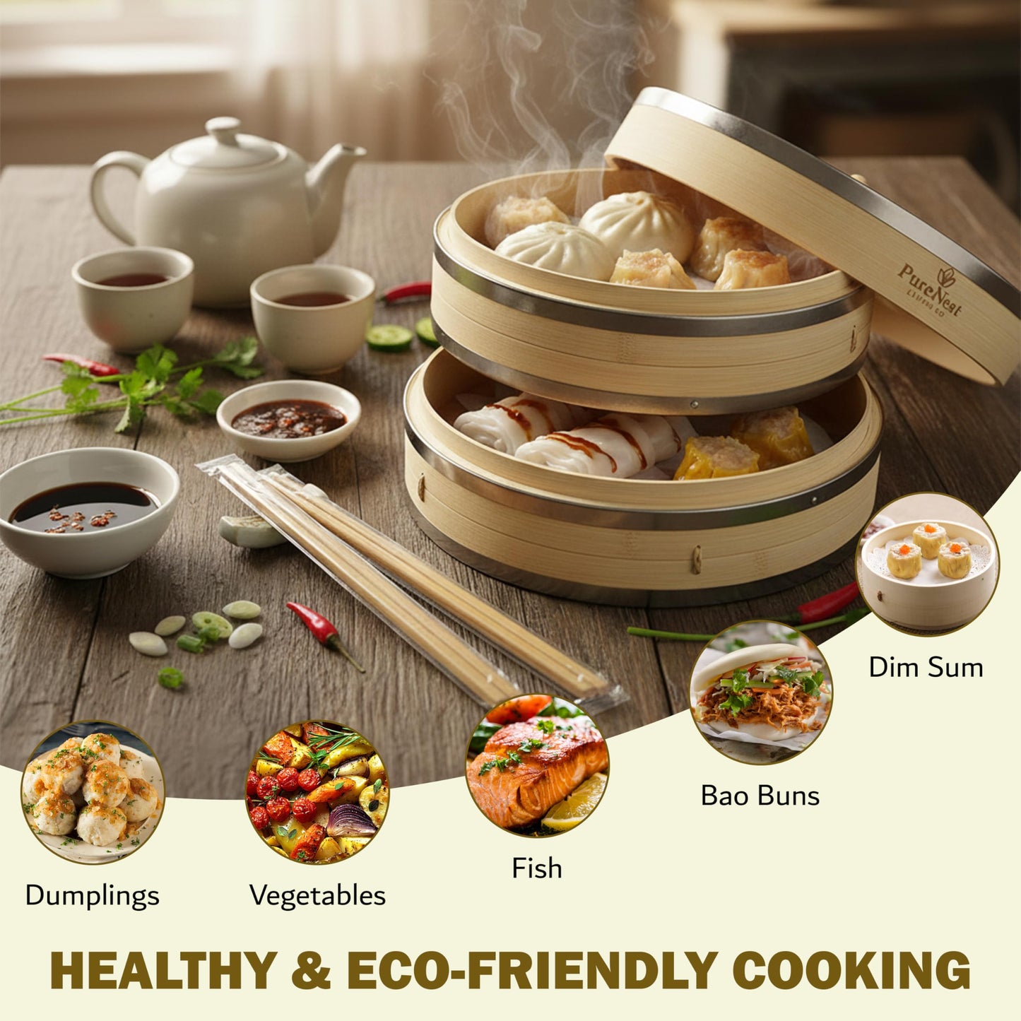 PureNest Living Co. 10 inch Bamboo Steamer Basket, 2-Tier Dumpling Steamer with Stainless Steel Band, Includes 2 Silicone Liners & 2 Pairs Chopsticks, Eco-Friendly Asian Food Steaming.