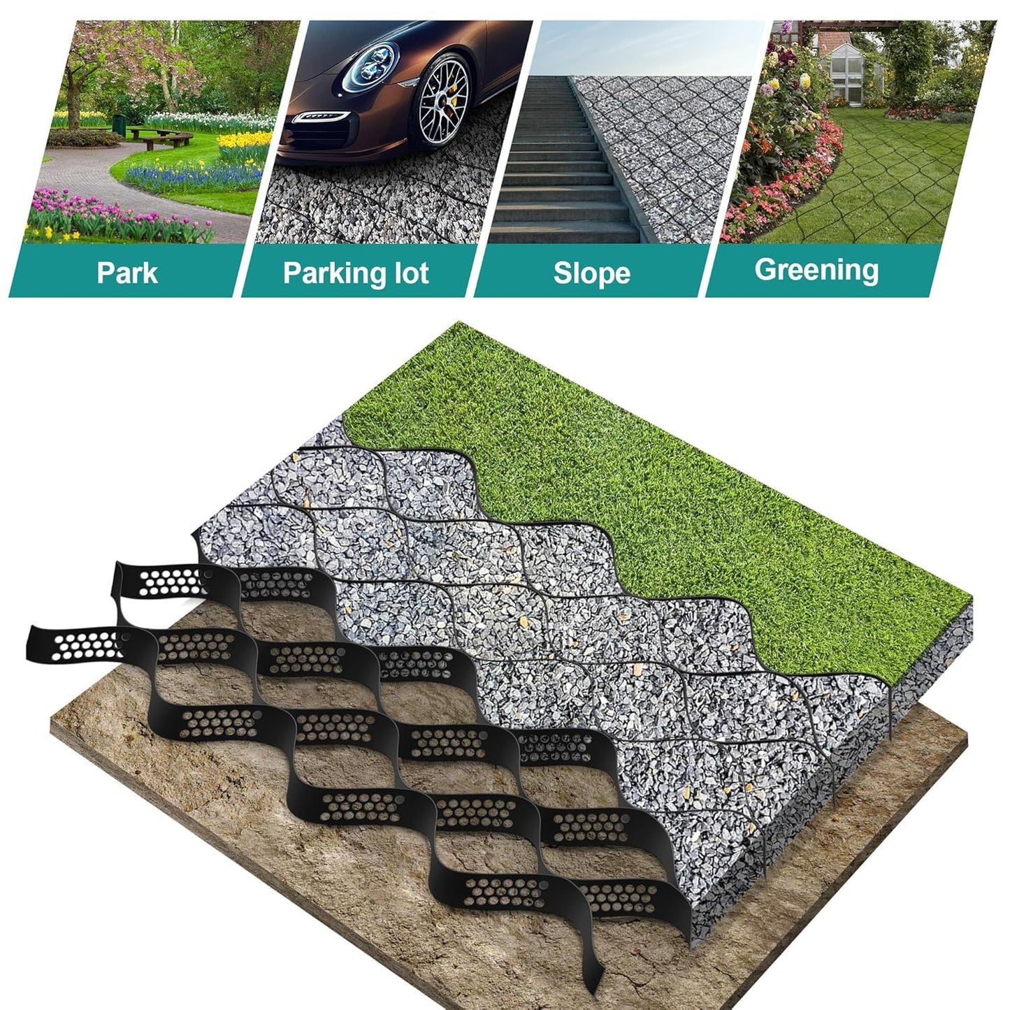 16.4 x 9.8 Ft 160 Sq ft Gravel Ground Grid - 2In Thick Geo Grid Driveway Stabilization Grids System for Garden Landscaping Parking Lots Slope Driveways Slope