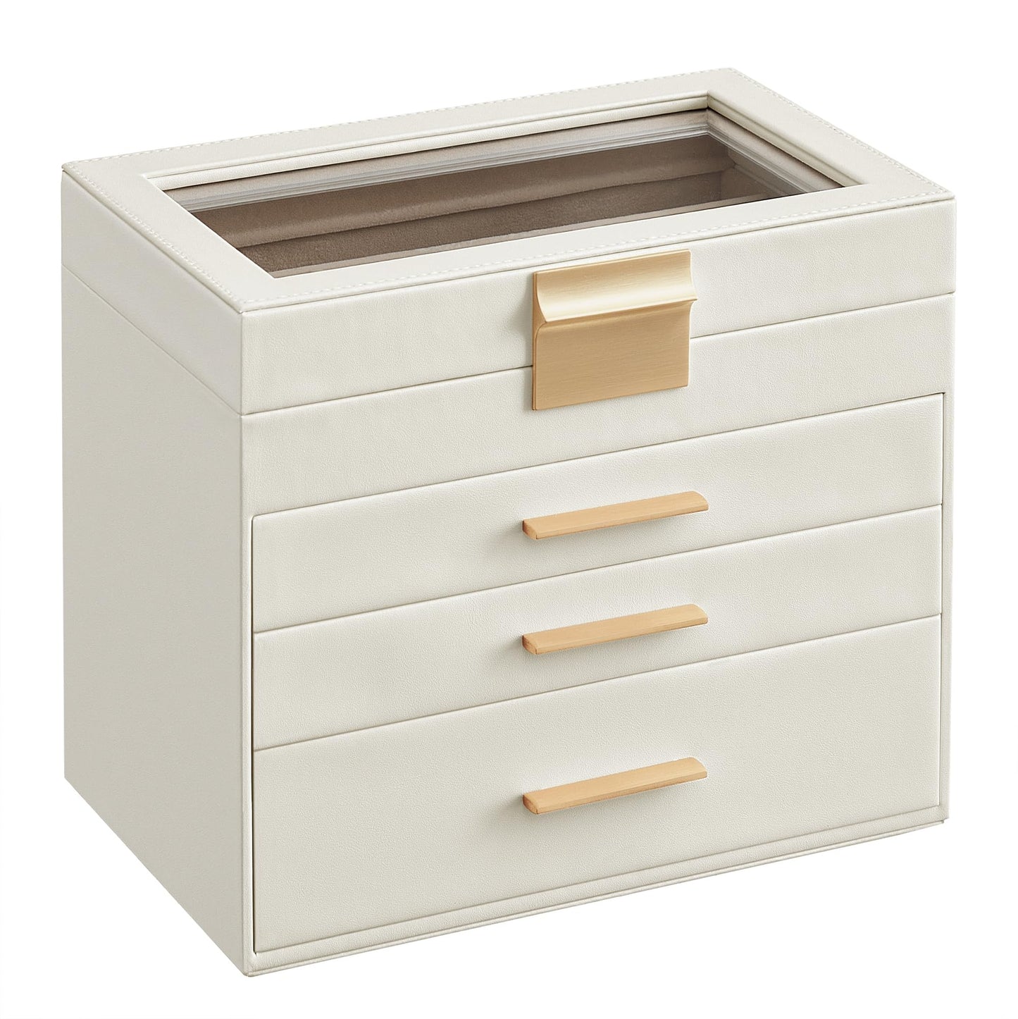 SONGMICS GISELLA Collection - Jewelry Box Organizer, 4-Layer Jewelry Storage with 3 Drawers, Shiny Metal Hardware, Glass Lid, Modern, 15.3 x 25.1 x 21.5 cm, Cloud White and Gold Color UJBC161W01