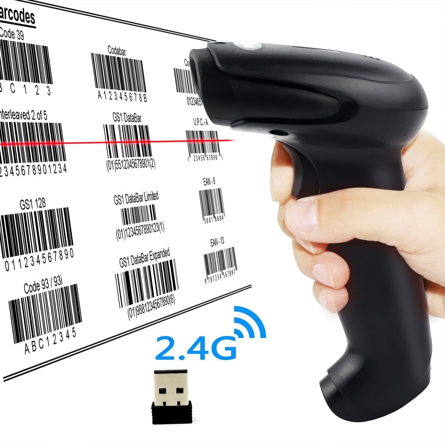 USB Wireless Barcode Scanner,Symcode 2.4GHz Handheld Automatic Laser Barcode Scanner Reader with Receiver Storage of up to 5000 Code (2.4GHz Wireless & USB2.0 Wired)