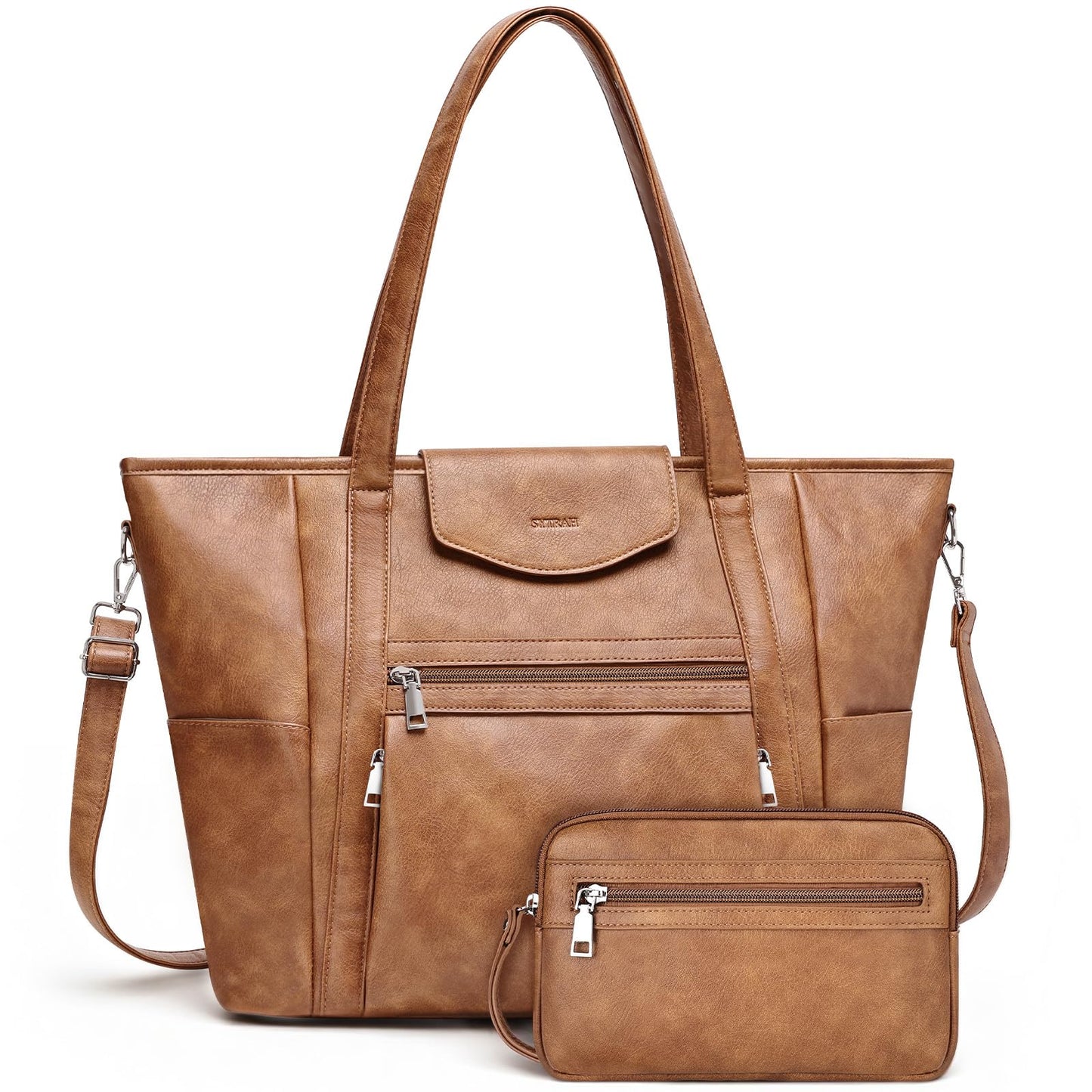 SYTRAH Laptop Bag for Women Designer Leather Laptop Backpack Purse, 16 inch Computer Tote Bags for Work Travel with Satchel Purse Brown