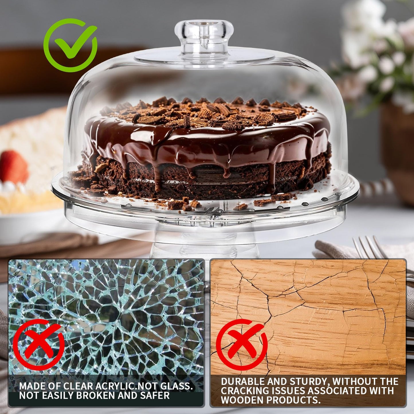 Cake Stand with Demo Cover, 6 in 1 Multi-Functional Serving Platter Display Stand for Christmas Wedding Party, Acrylic Cake Plate/Salad Bowl/Dessert Platter, BPA-Free, Send 1 Fork and 1 Spoon