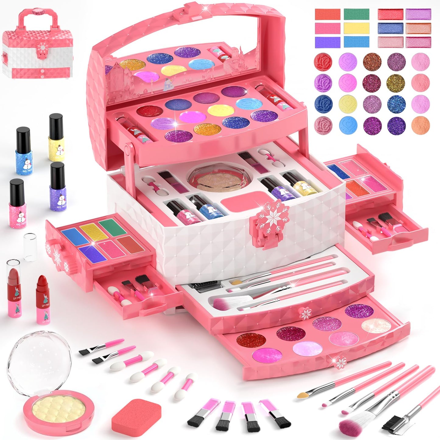 GirlsHome Kids Makeup Kit for Girls 56 Pcs Washable Real Cosmetic, Non-Toxic Frozen Toys Toddler Makeup Kit, Frozen Princess Dress up Kit Christmas & Birthday Girl Gift for 3-12 (Frozen Pink)