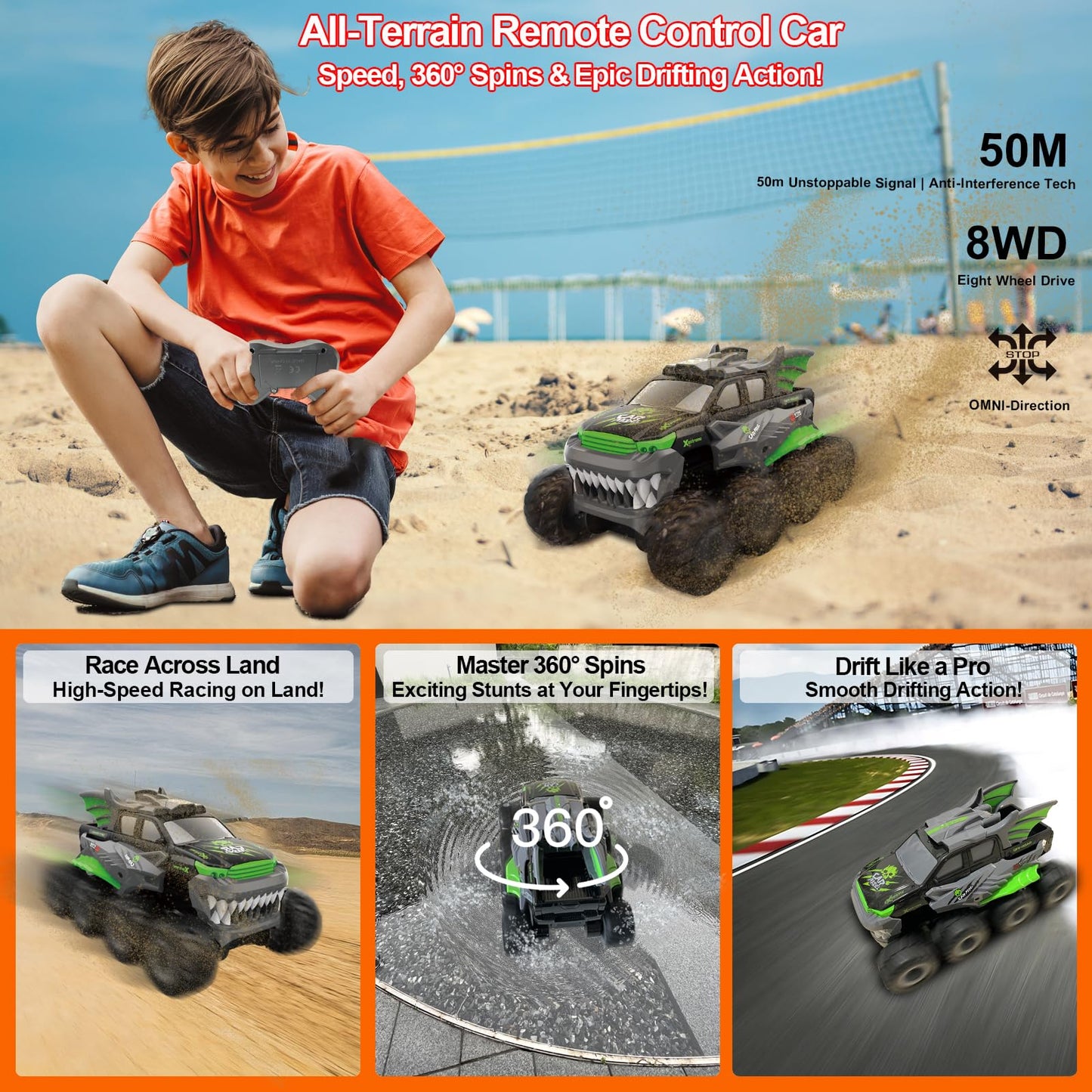 Amphibious Remote Control Car 8WD RC Monster Truck with 2 Rechargeable Batteries for Boys Age 8-12 Offroad Waterproof RC Pickup All Terrain RC Drift Cars Beach Pool Toys Gifts for Kids Green