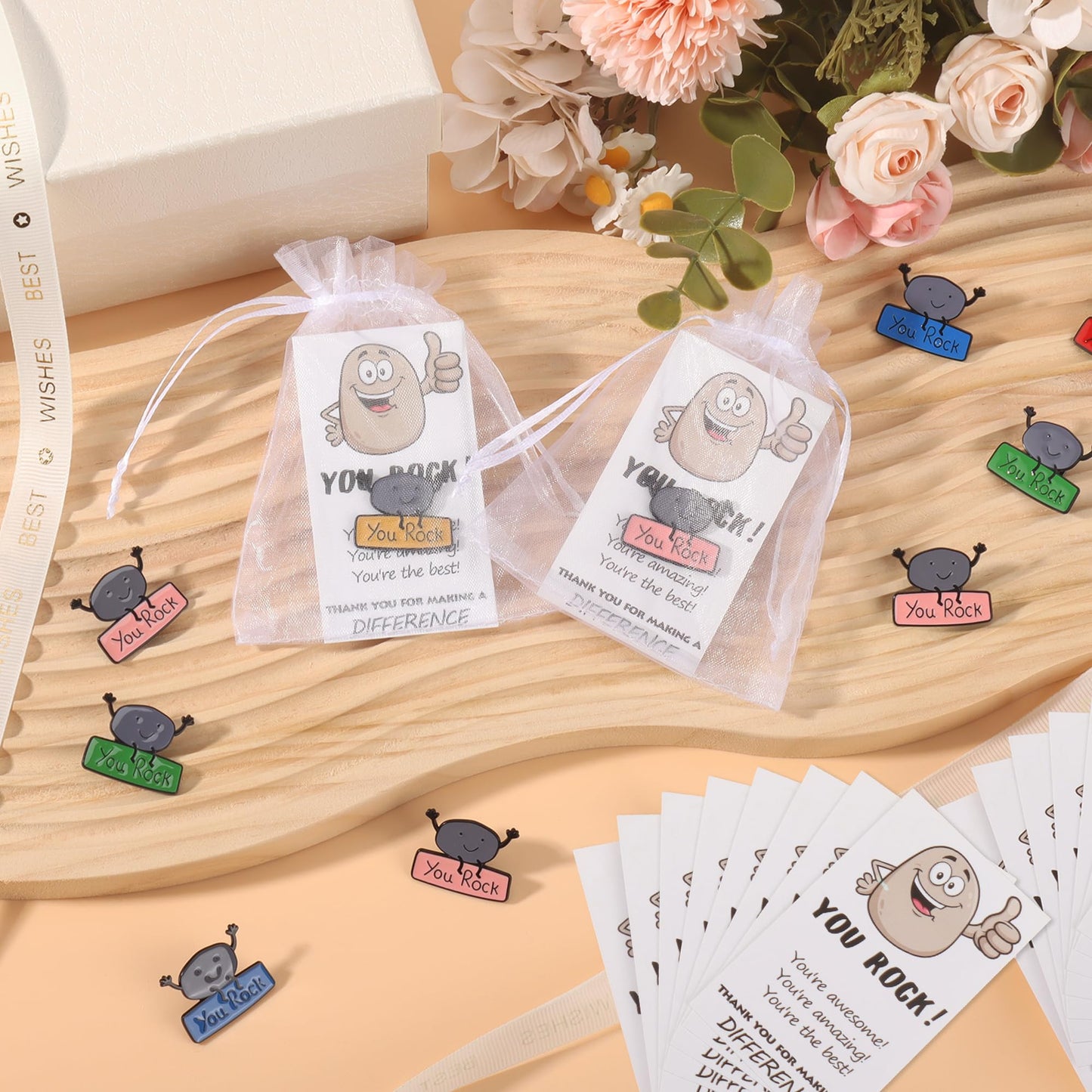 SINCCO 25 Sets Employee Appreciation Gifts Bulk, Funny You Rock Employee of The Month Enamel Pins with Thank You Cards Small Inspirational Lapel Pins for Coworkers Office Staff Team Building, Small