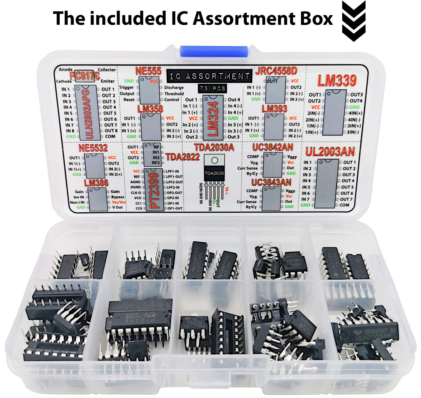 Interstellar Electronics Components Assortment Kit, Grab Bag, IC, Opamp,Resistors, Polyester Capacitors, LED, PCB, Diodes, Transistors, 2000 pcs