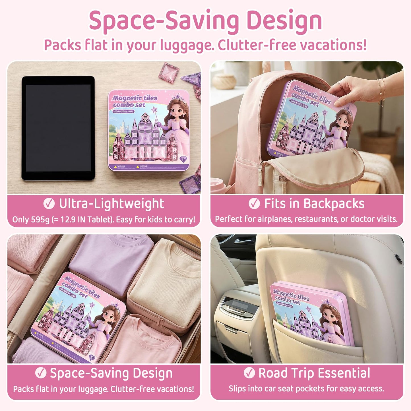 Magnetic Tiles Girls Travel Toy: 42 PCS Pink Glitter Building Blocks Castle Tin Box - 120 Mins Quiet Play 60s Cleanup - Toddler Kids Gift Age 3 4 5 6