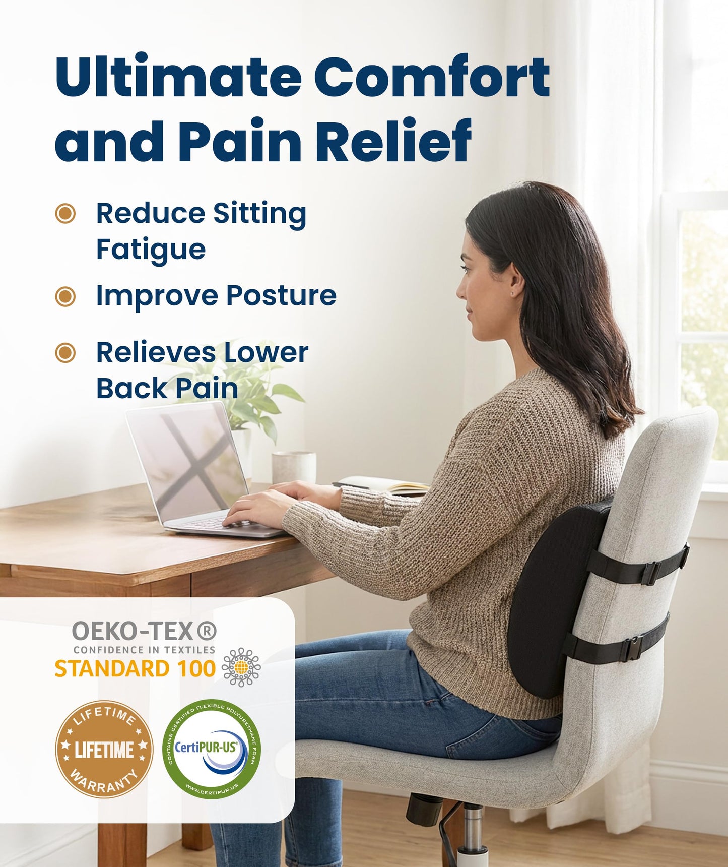 Everlasting Comfort Lumbar Support Pillow for Office Chair - Memory Foam Back Cushion for Car Seat - Promotes Better Posture, Back Pain Relief - Ideal Gaming and Desk Chairs Work and Home Essentials