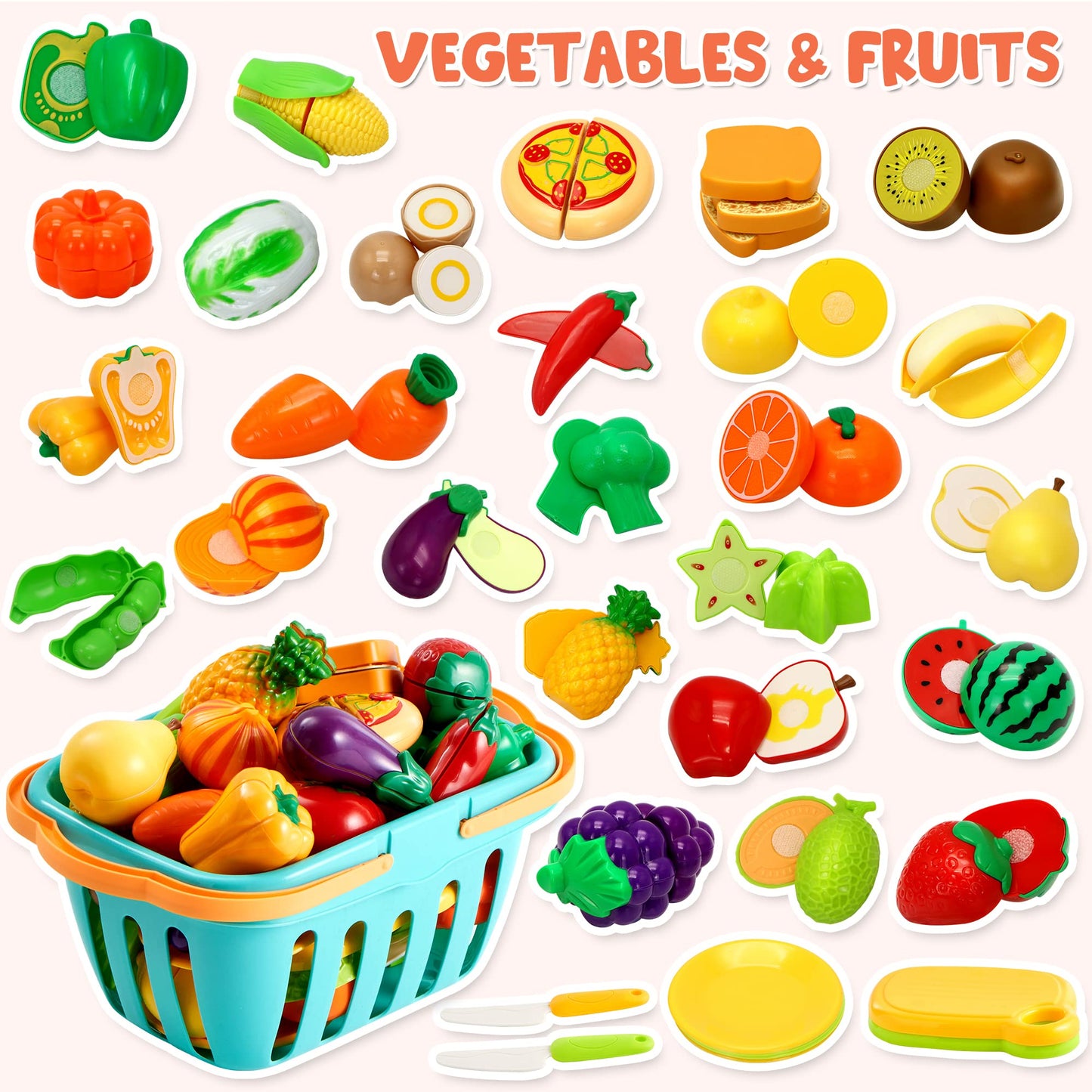 JOYIN 68Pcs Cutting Play Food Toy for Toddlers Kitchen, Fake Food for Kids Play Kitchen, Includes Plastic Fruit &Vegetables, Easter Basket, Mini Dishes and Knife, pretend role play Toys, Toddler Gifts