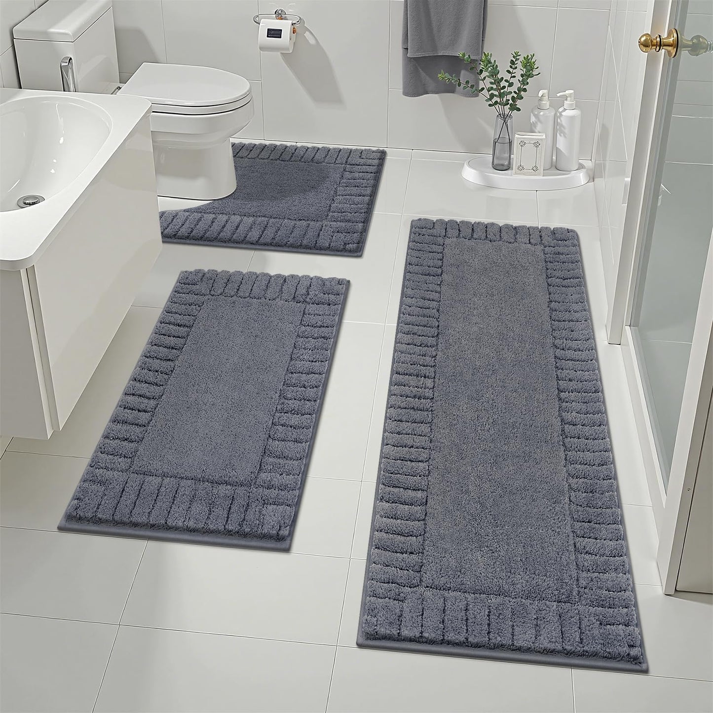 Pauwer Bath Mat Non Slip Bathroom Mat Sets 3 Piece Absorbent Bath Rugs for Bathroom Plush Shaggy Bathroom Rugs Set with U-Shaped Contour Toilet Mat Machine Washable, Dark Grey