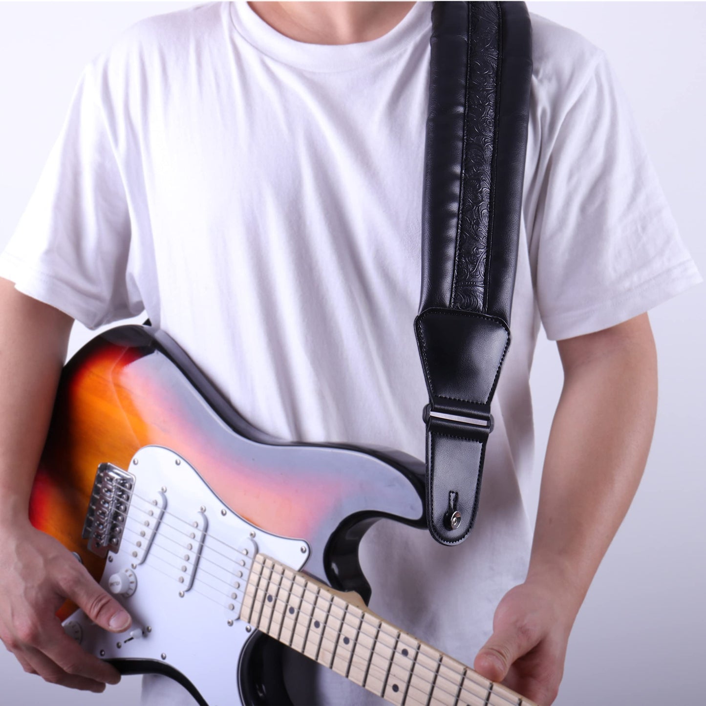 Surpop Neoprene Guitar Strap 3.4'' With Carbon Buckle, Leather Top & Back Soft For Bass, Electric Acoustic Guitar