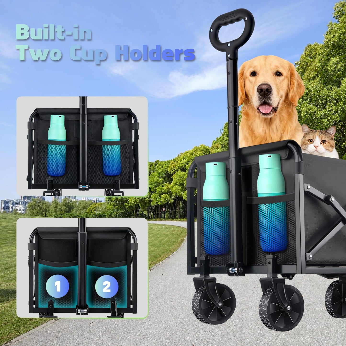 280LBS Collapsible Wagon Cart with Wheels - Heavy Duty Folding Wagon Carts for Grocery, Lightweight Utility Wagon with All-Terrain Wheels & 2 Cup Holders, Portable Beach Wagon for Shopping Garden