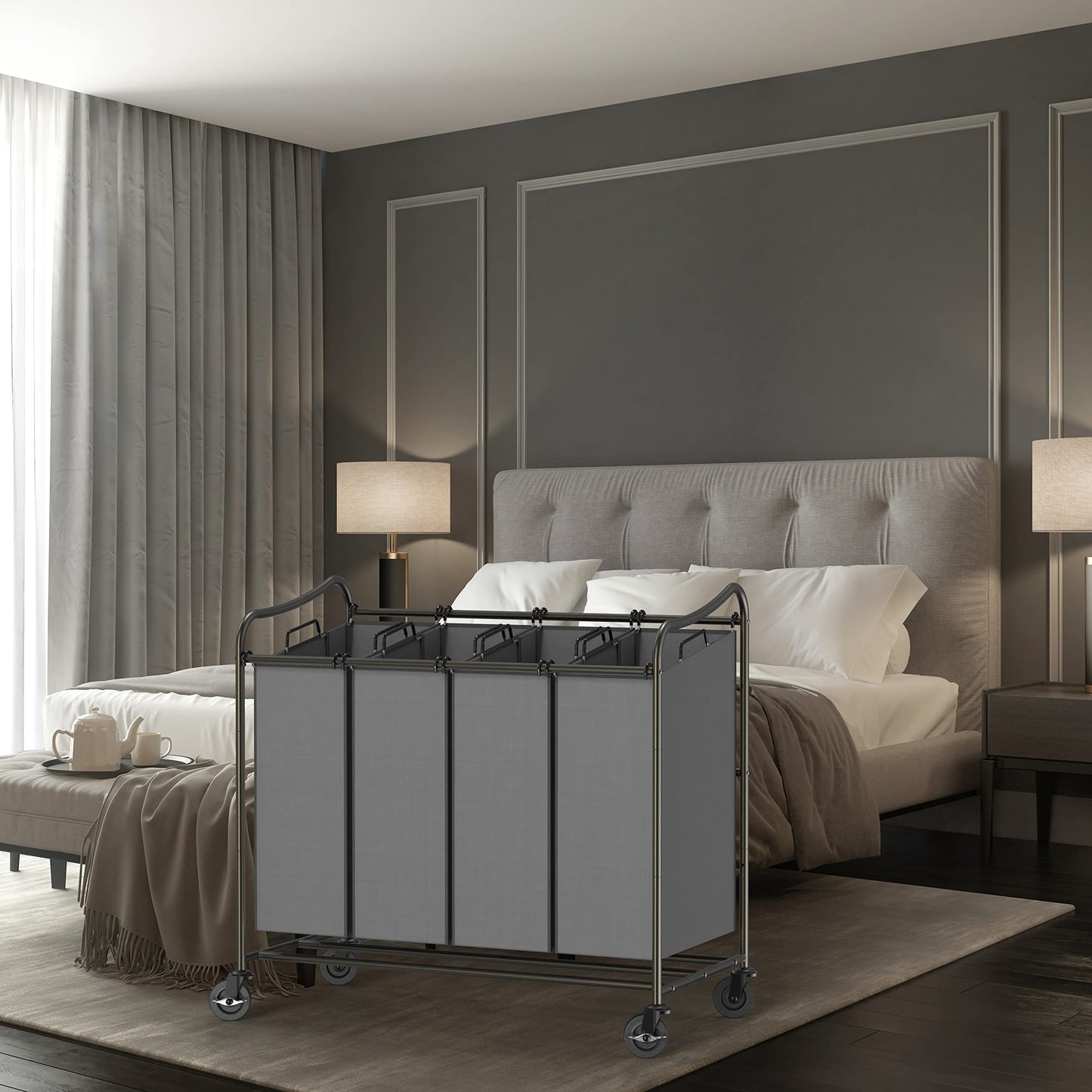 Simple Houseware 4-Section Rolling Laundry Hamper - Heavy Duty Laundry Sorter Cart with Wheels & 4 Removable Bags for Clothes Organization, Dark Grey