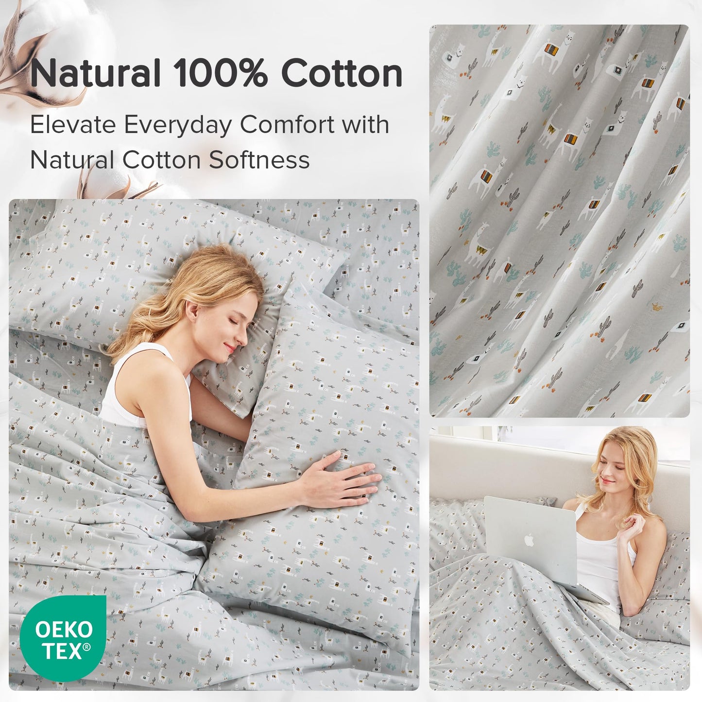 Comfort Spaces 100% Cotton Sheets Queen, Breathable, Naturally Cool Cotton Sheets, Soft Cotton Bed Sheets with 14" Elastic Pocket Fits up to 16" Mattress, All Seasons Sheet Set, Lama Multi 4 Piece