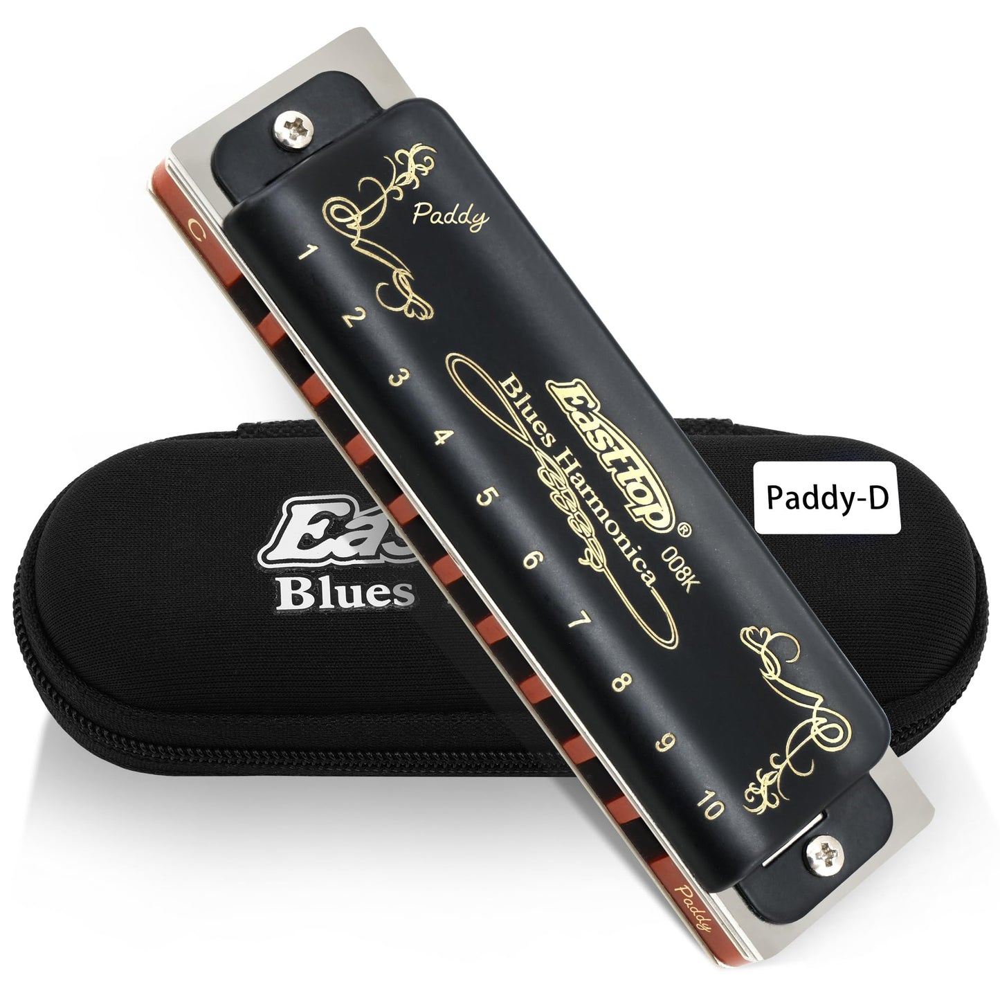 East top Harmonica Paddy D, Blues Harmonica Key of Paddy D 10 Hole 20 Tone Blues Mouth Organ Diatonic Harmonica Adult Musical Instrument for Professional Player, Beginner, Students (Black)