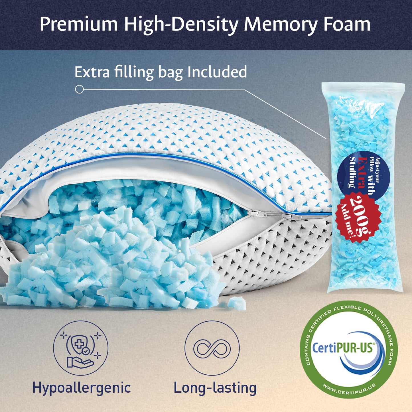 Cooling Gel Memory Foam Pillows Queen Size Set of 2 for Sleeping,Bamboo Rayon Adjustable Firm Shredded Foam Bed Pillows 2 Pack for Side, Back, Stomach Sleepers Luxury Washable Breathable Pillowcase