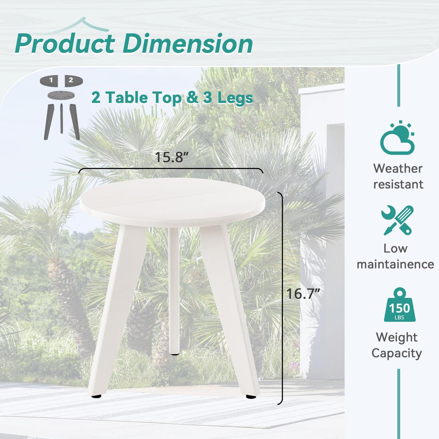 Homenjoy HDPE White Round Outdoor Table, Weather-Resistant, 15.8x15.8x16.7 inches, 150lbs Load Capacity, Modern Design, End Table for Patio, Porch, Deck, Living Room, Bedroom, Plant Stand