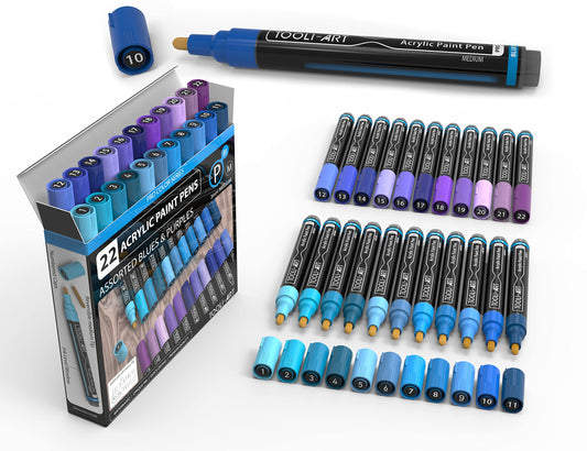 22 Acrylic Paint Markers Paint Pens Pro Color Series Set 3mm Medium Tip for Rock Painting, Glass, Mugs, Wood, Metal, Glass Paint, Canvas, DIY. Non Toxic, Waterbased, Quick Drying (BLUES)