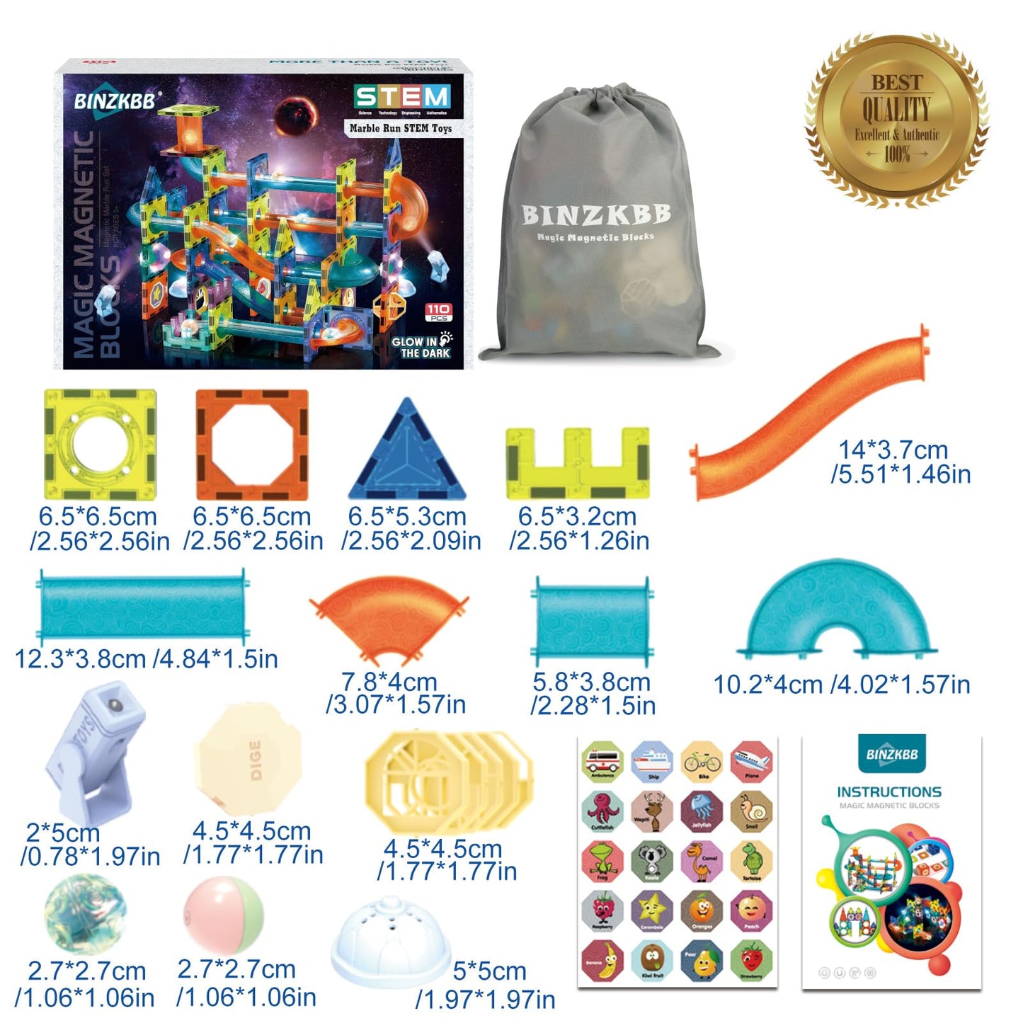 BINZKBB Light Magnetic Tiles Building Blocks for Kids,3D Clear Educational Toys,Marble Run STEM Magnets Construction Toys Set for Kids Ages 3 4 5 6 7 8 10+Year Old Boys Girls Creative Gift(110PCS)