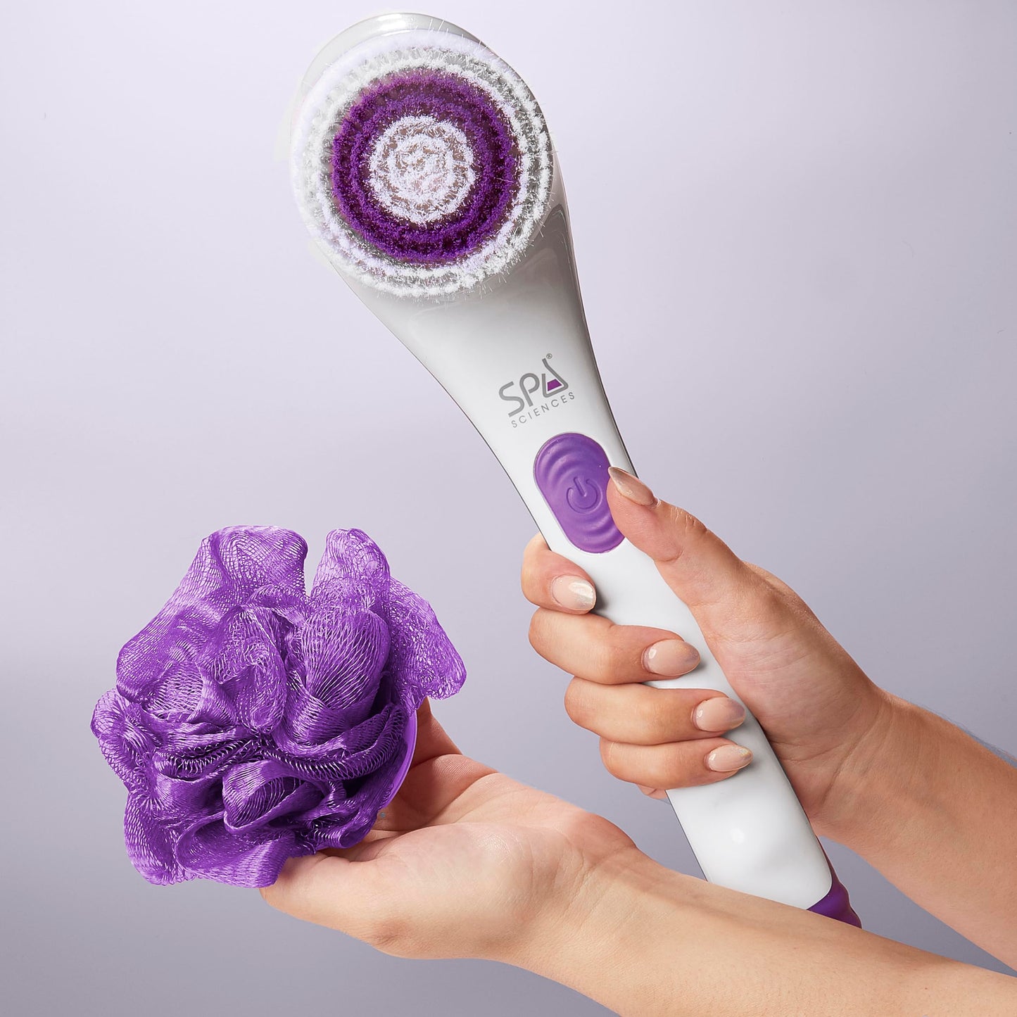 Spa Sciences - NERA Powered Shower Brush - 3-in-1 Multifunction Back & Body Brush - Exfoliation, Cleansing, Massaging - For All Skin Types - Includes Body Brush, Loofah, & Pumice Stone - USB Charging