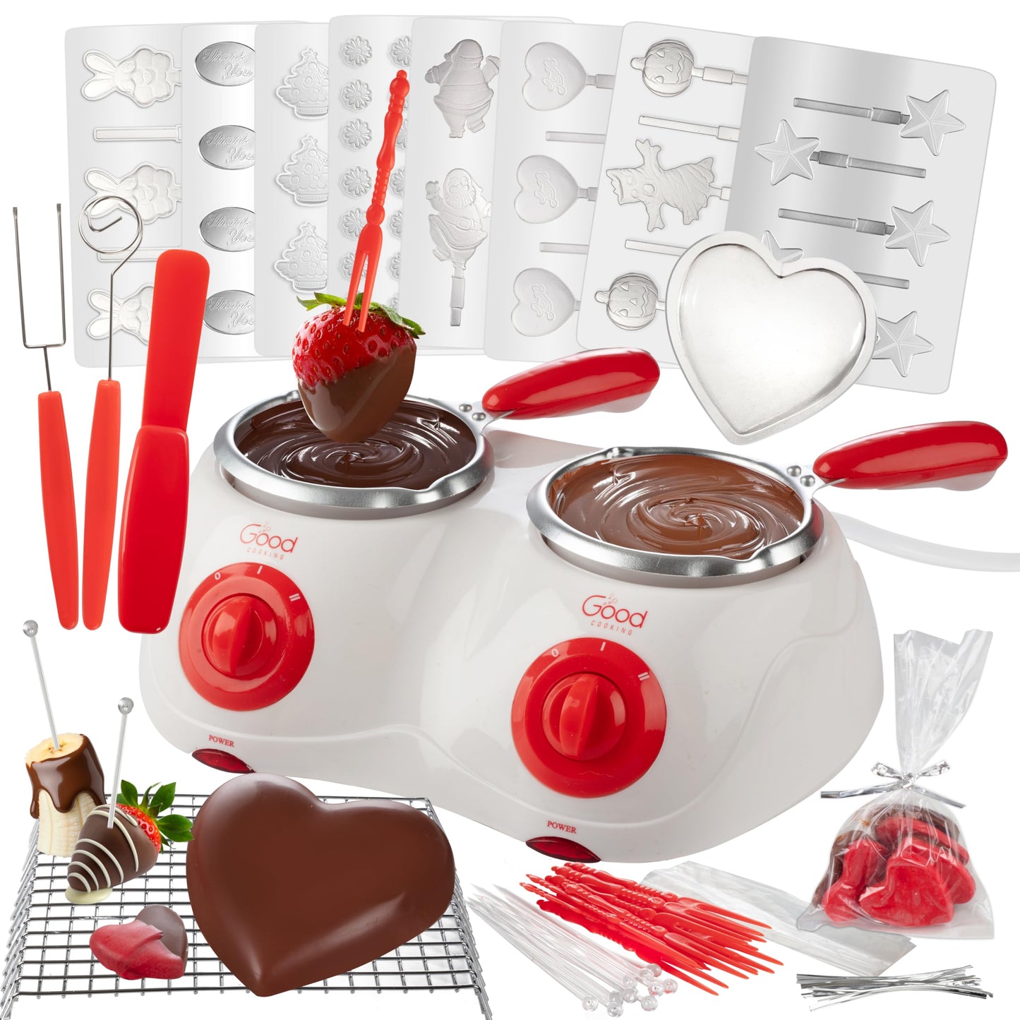 Dual Electric Chocolate Melting Pot Set- Candy Making or Fondue Fountain Kit w/ 30 Bonus Accessories-Dip Strawberries & Marshmallow Snacks- 4th of July Summer S'Mores Maker- Party Appetizers Desserts