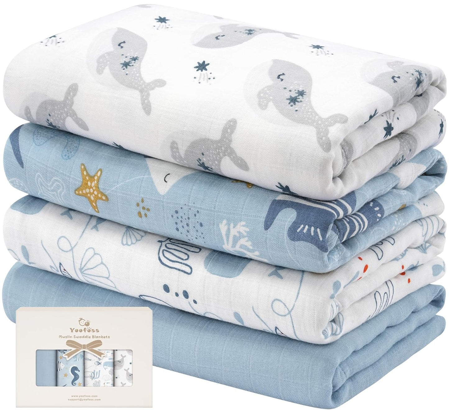 Yoofoss Muslin Swaddle Blankets, 4 Pack Receiving Blankets for Boys and Girls, 47 x 47 Inches Muslin Baby Blankets Soft Breathable - Ocean